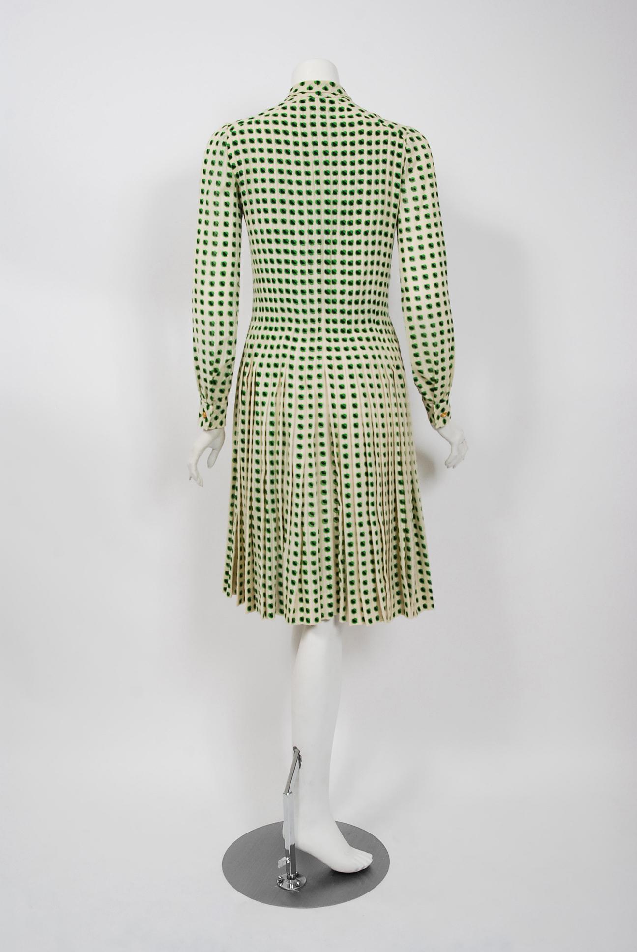 1973 Chanel Haute Couture Documented Deco Dot Print Silk Ascot-Bow Pleated Dress 3