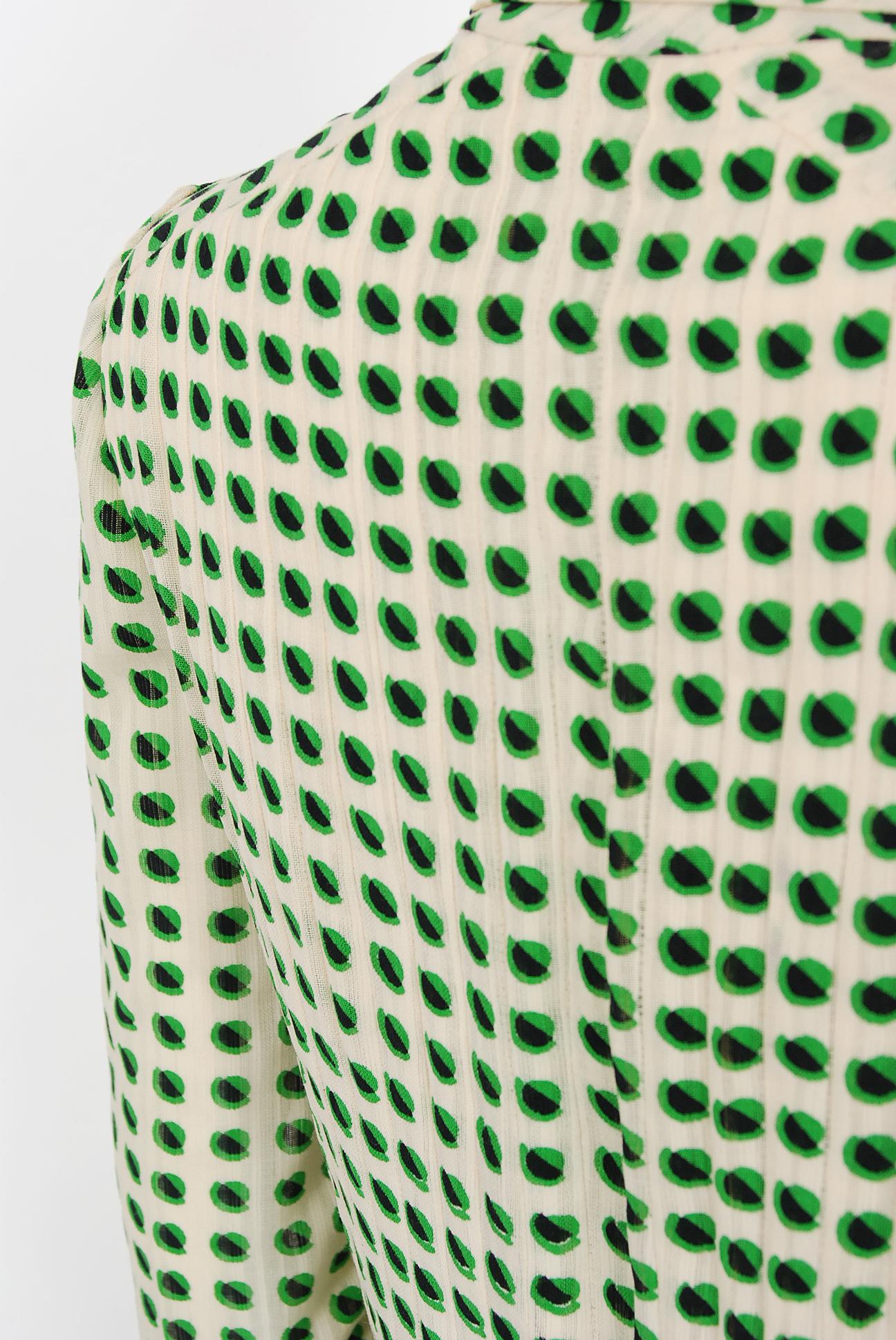 1973 Chanel Haute Couture Documented Deco Dot Print Silk Ascot-Bow Pleated Dress 4