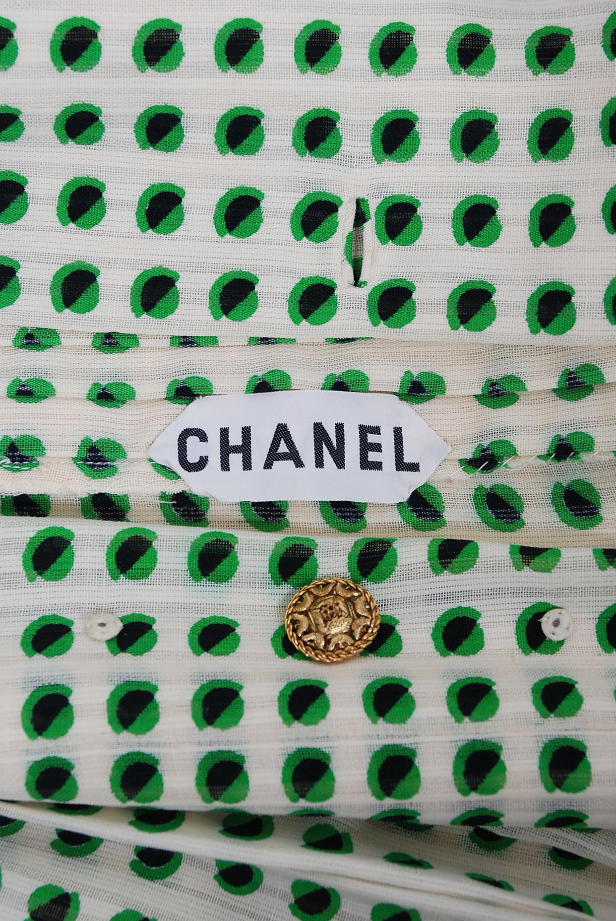 1973 Chanel Haute Couture Documented Deco Dot Print Silk Ascot-Bow Pleated Dress 5