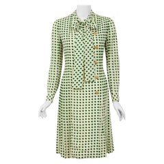 1973 Chanel Haute Couture Documented Deco Dot Print Silk Ascot-Bow Pleated Dress