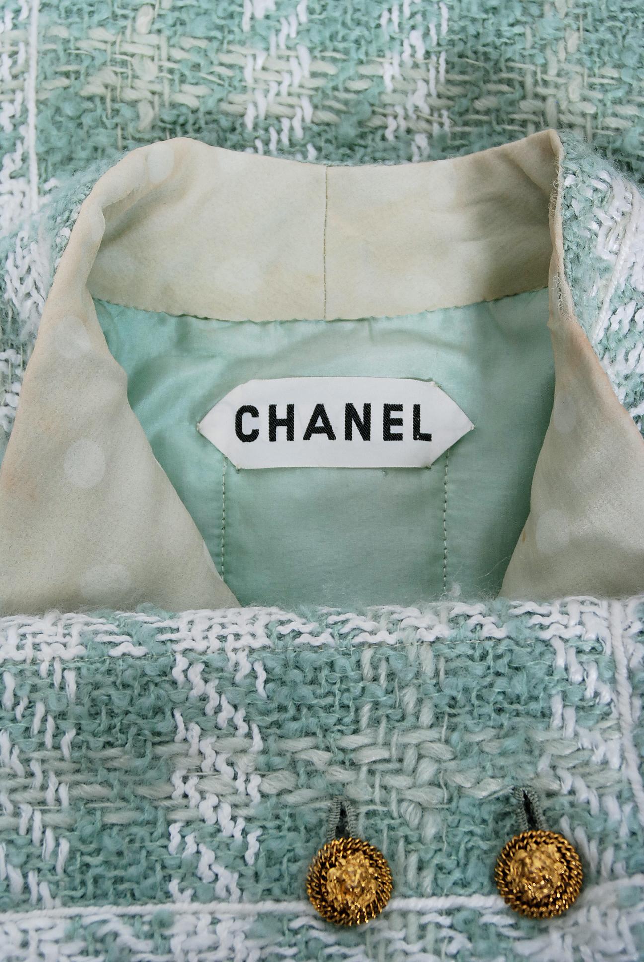 1973 Chanel Haute Couture Documented Seafoam Green Boucle Plaid Wool Coat  3