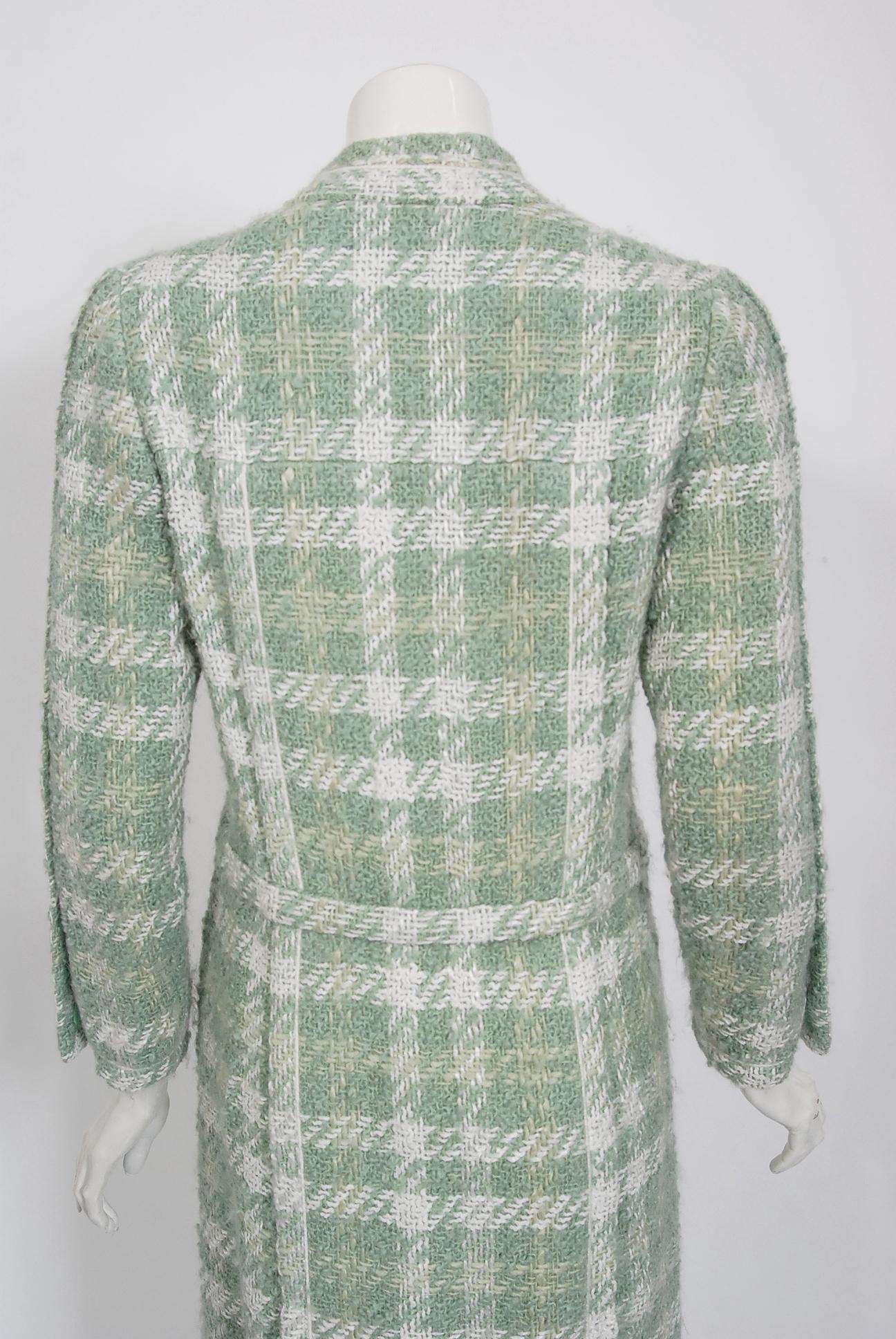 Women's or Men's 1973 Chanel Haute Couture Documented Seafoam Green Boucle Plaid Wool Coat 