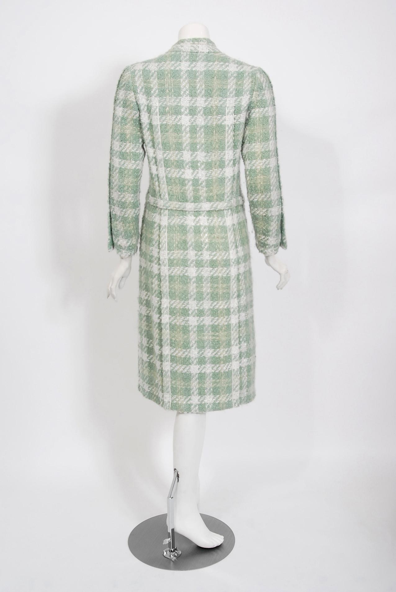 1973 Chanel Haute Couture Documented Seafoam Green Boucle Plaid Wool Coat  1