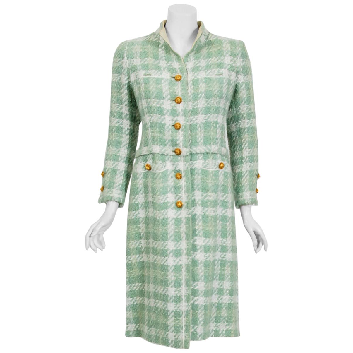 1973 Chanel Haute Couture Documented Seafoam Green Boucle Plaid Wool Coat 