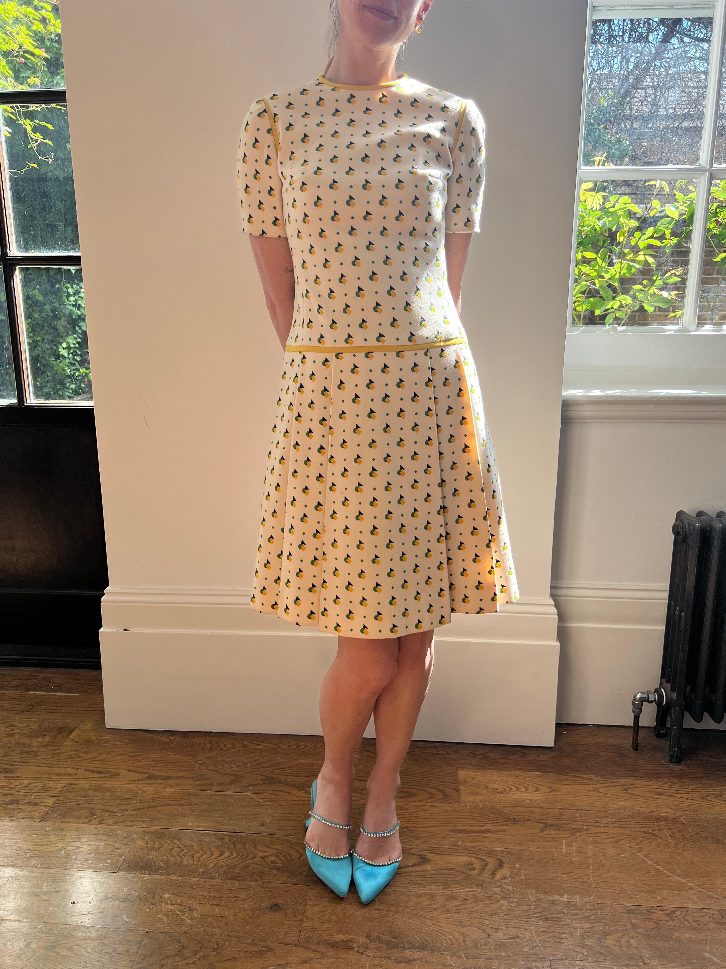 1973 Documented Christian Dior London Art Deco Print Wool Dress For Sale 5