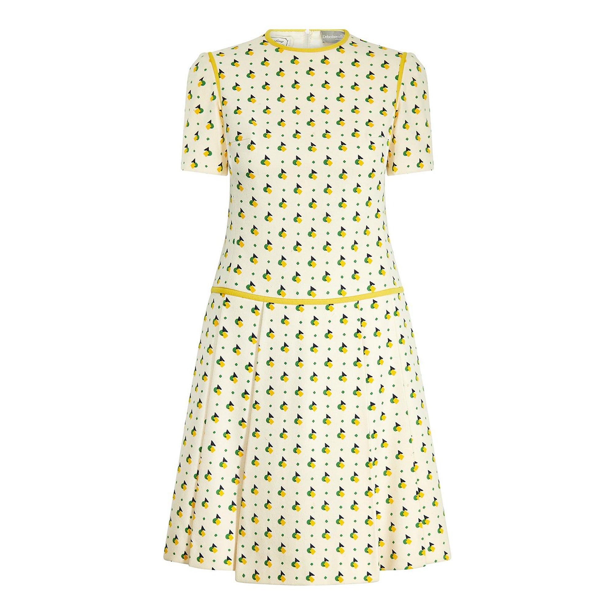 1973 Documented Christian Dior London Art Deco Print Wool Dress