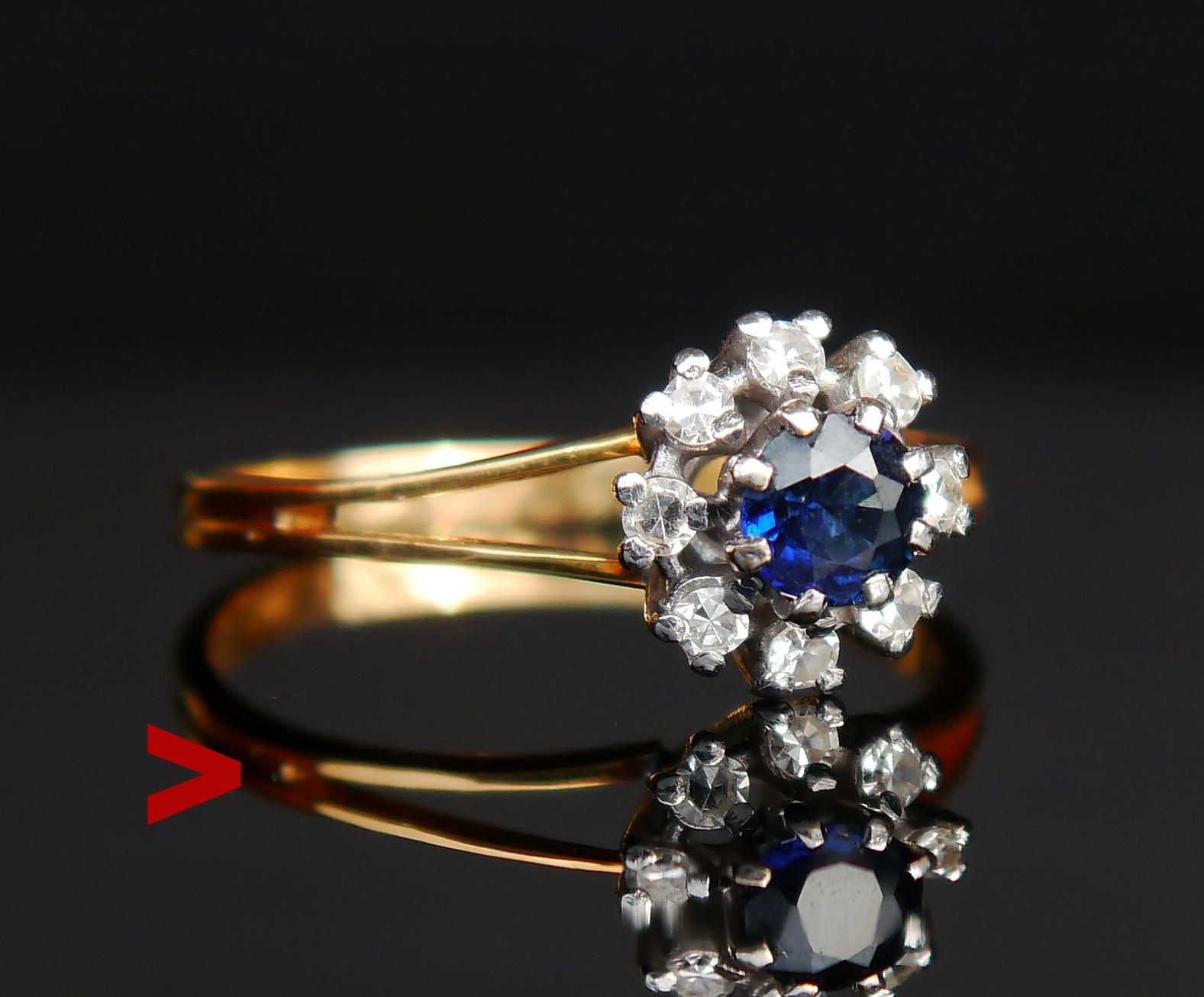 Vintage Halo Ring made in Finland in 1975 (combination U7) with set of Finish hallmarks, 750.

Band in solid 18K Yellow Gold with White Gold or Platinum openwork crown featuring natural Blue Sapphire and 8 Diamonds.

Floret / crown measures Ø 9 mm x