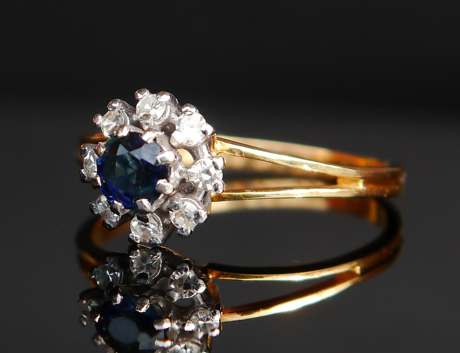 Oval Cut 1973 Finish Halo Ring natural 0.5 ct Sapphire Diamonds 18K Gold Ø8.5US/2.9 gr For Sale