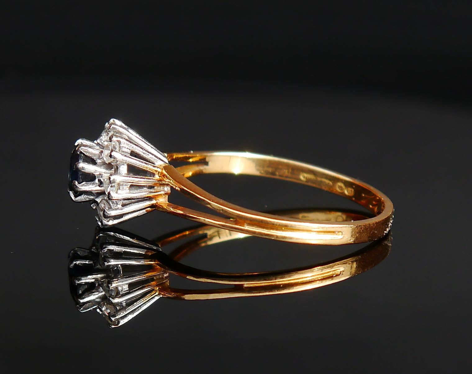 1973 Finish Halo Ring natural 0.5 ct Sapphire Diamonds 18K Gold Ø8.5US/2.9 gr For Sale 1