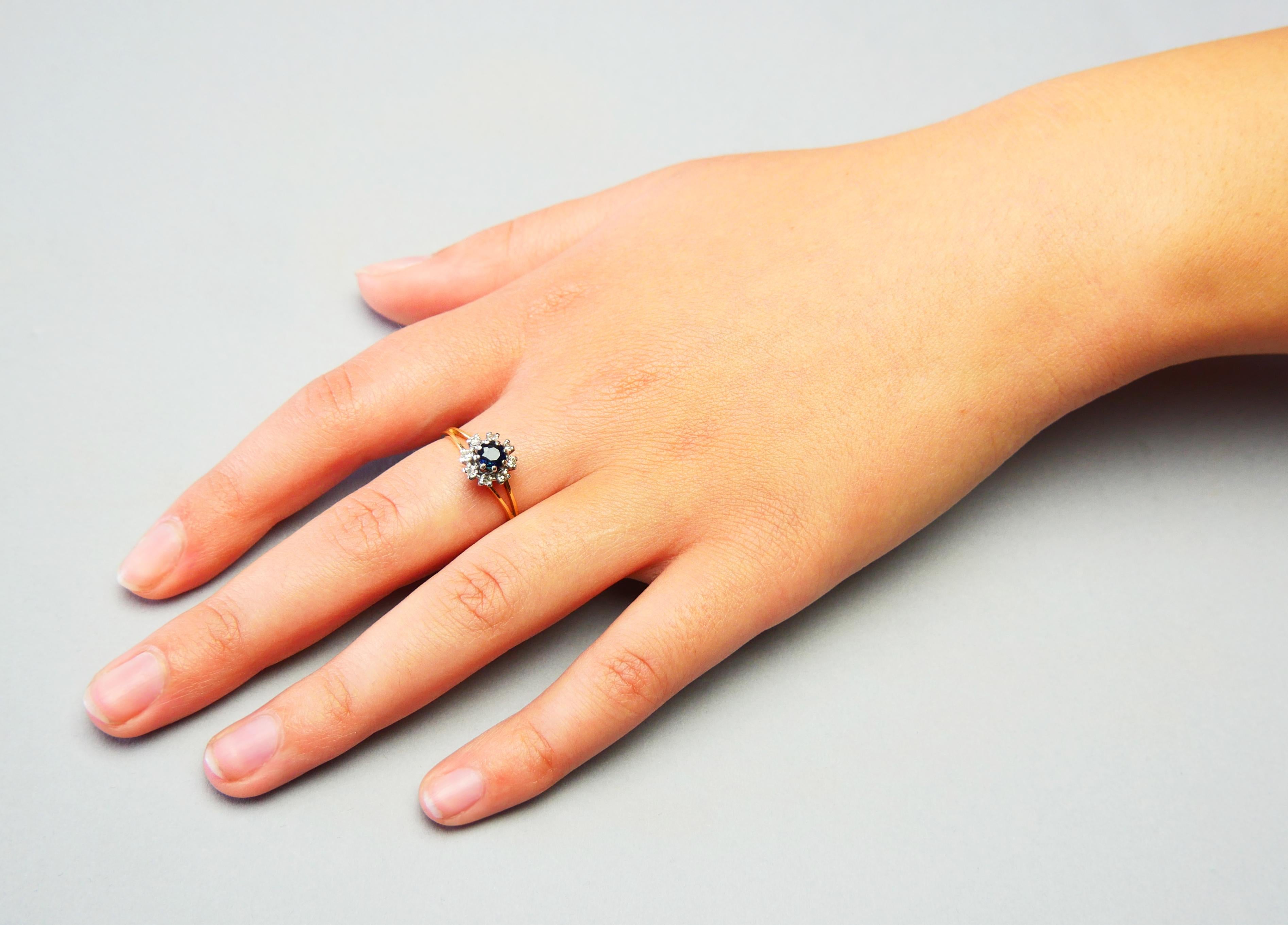 1973 Finish Halo Ring natural 0.5 ct Sapphire Diamonds 18K Gold Ø8.5US/2.9 gr For Sale 4