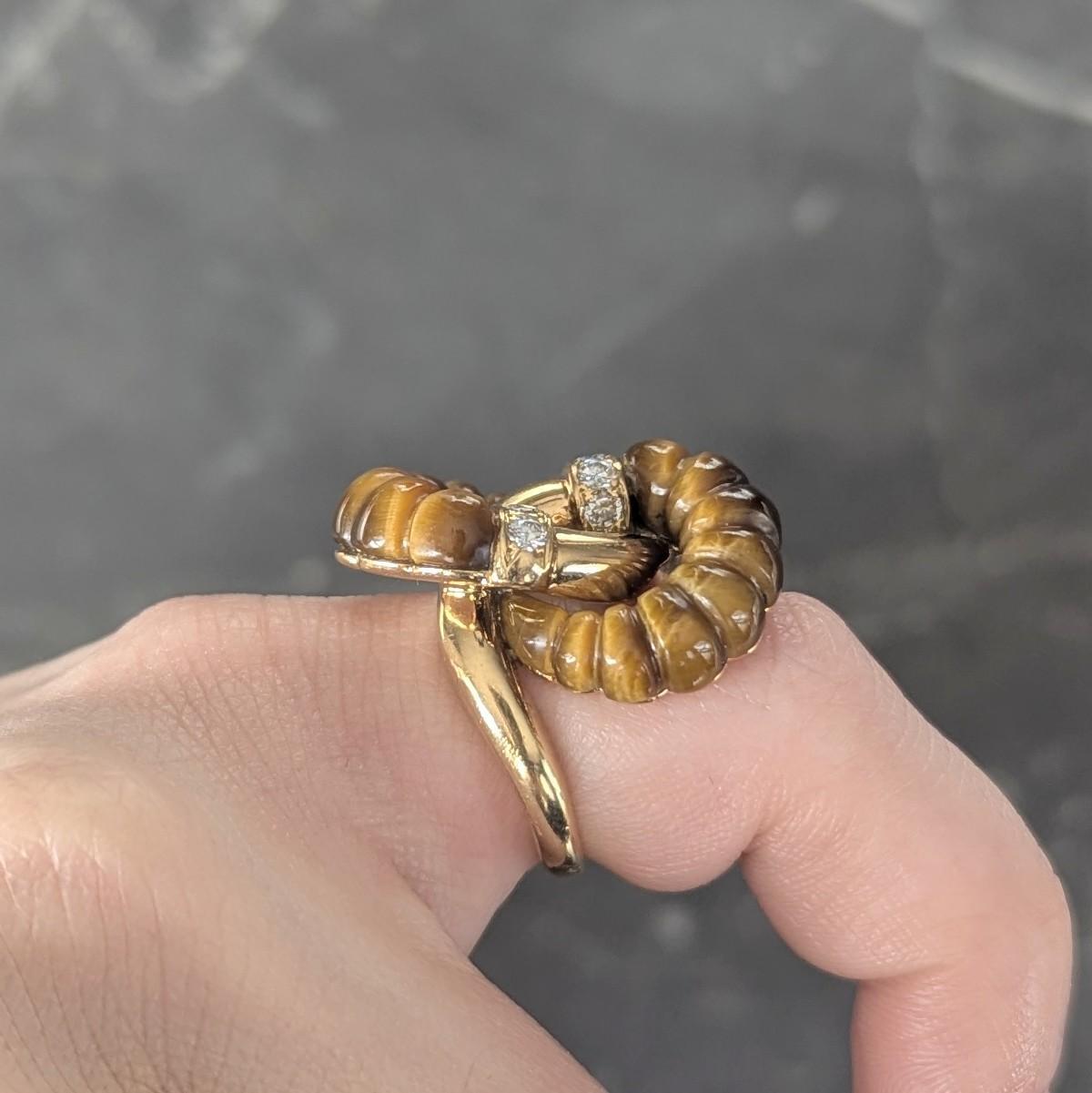 1973 French Diamond Tiger's Eye Quartz 18K Gold Interlocking Vintage Bypass Ring For Sale 7
