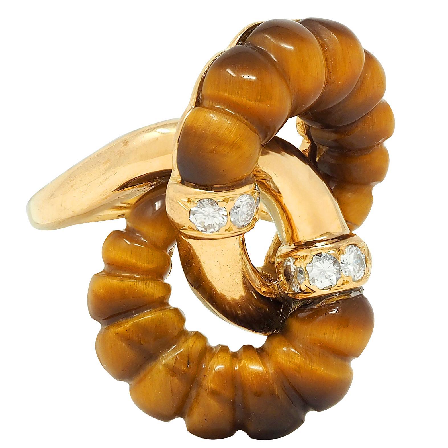 Mixed Cut 1973 French Diamond Tiger's Eye Quartz 18K Gold Interlocking Vintage Bypass Ring For Sale