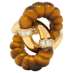 1973 French Diamond Tiger's Eye Quartz 18K Gold Interlocking Vintage Bypass Ring