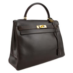 1973 Hermes Chocolate Brown 32cm Supple Kelly Box Bag