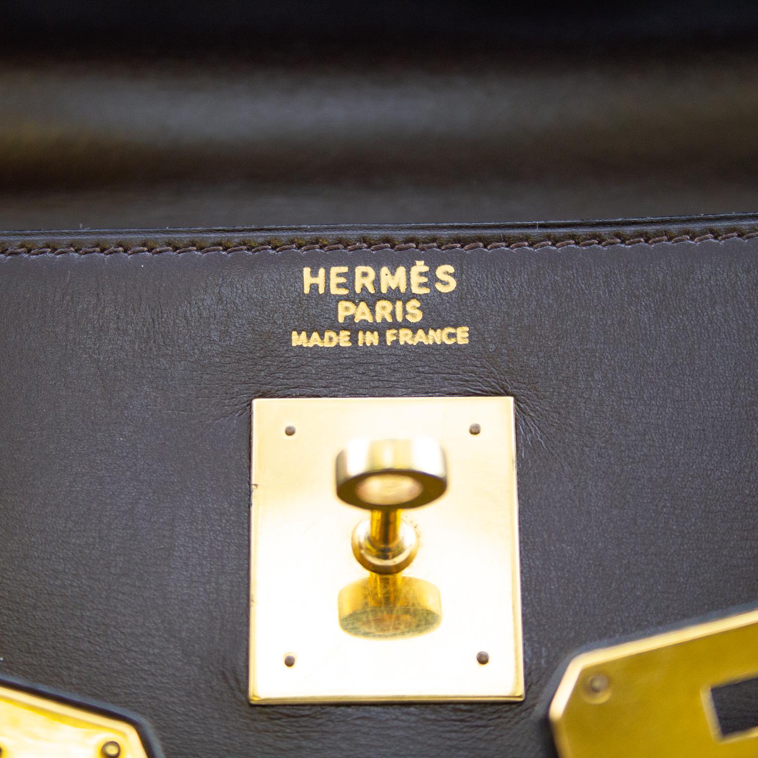 1973 Hermes Schokolade Brown 32cm geschmeidig Kelly Box Tasche im Angebot 1