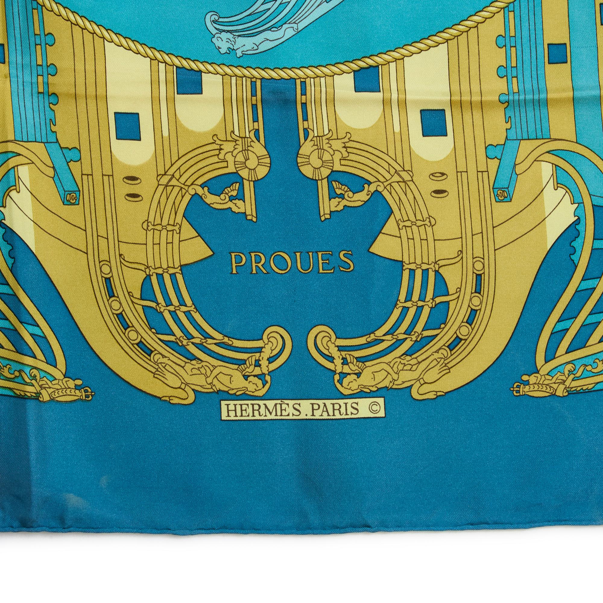 1973 Hermès Foulard Soie Carré 90 Proues Blue Silk Scarf Hermes In Good Condition In PARIS, FR