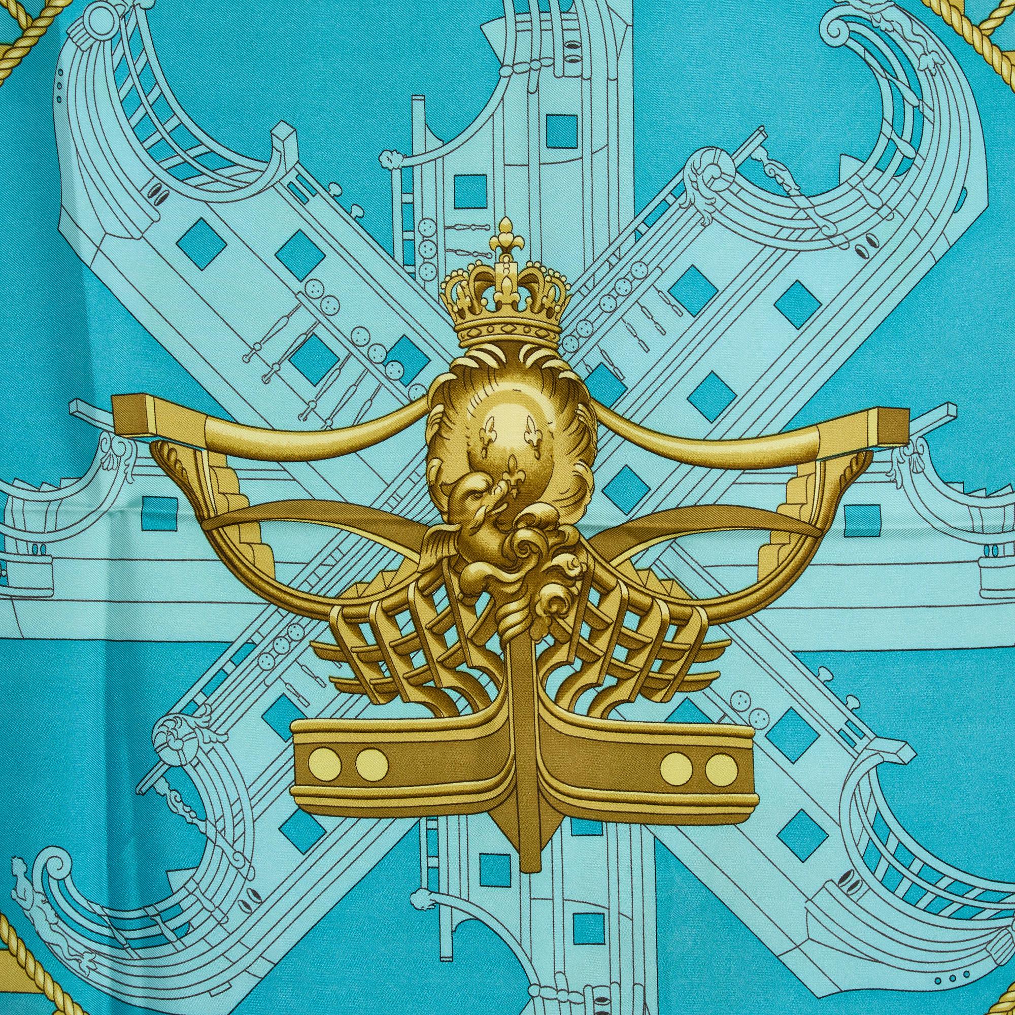 Women's or Men's 1973 Hermès Foulard Soie Carré 90 Proues Blue Silk Scarf Hermes