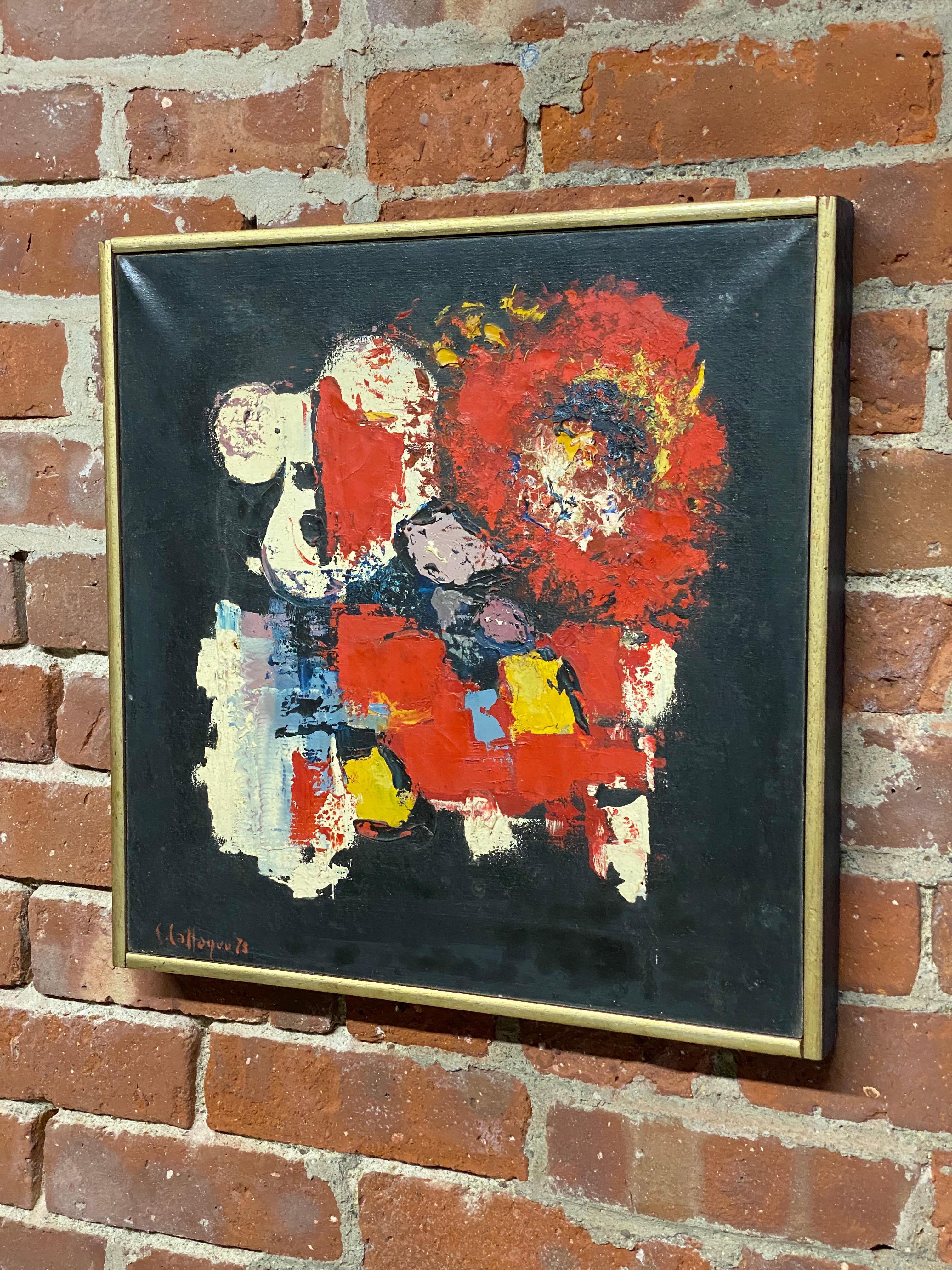 Signed and dated expressionistic abstract painting on canvas. Oil paint on canvas in a black and gold profile wood molding frame. Signed and dated, C Cattaneo, '73 (Carlo Cattaneo). There is also a notation on the reverse either from a Scarsdale, NY