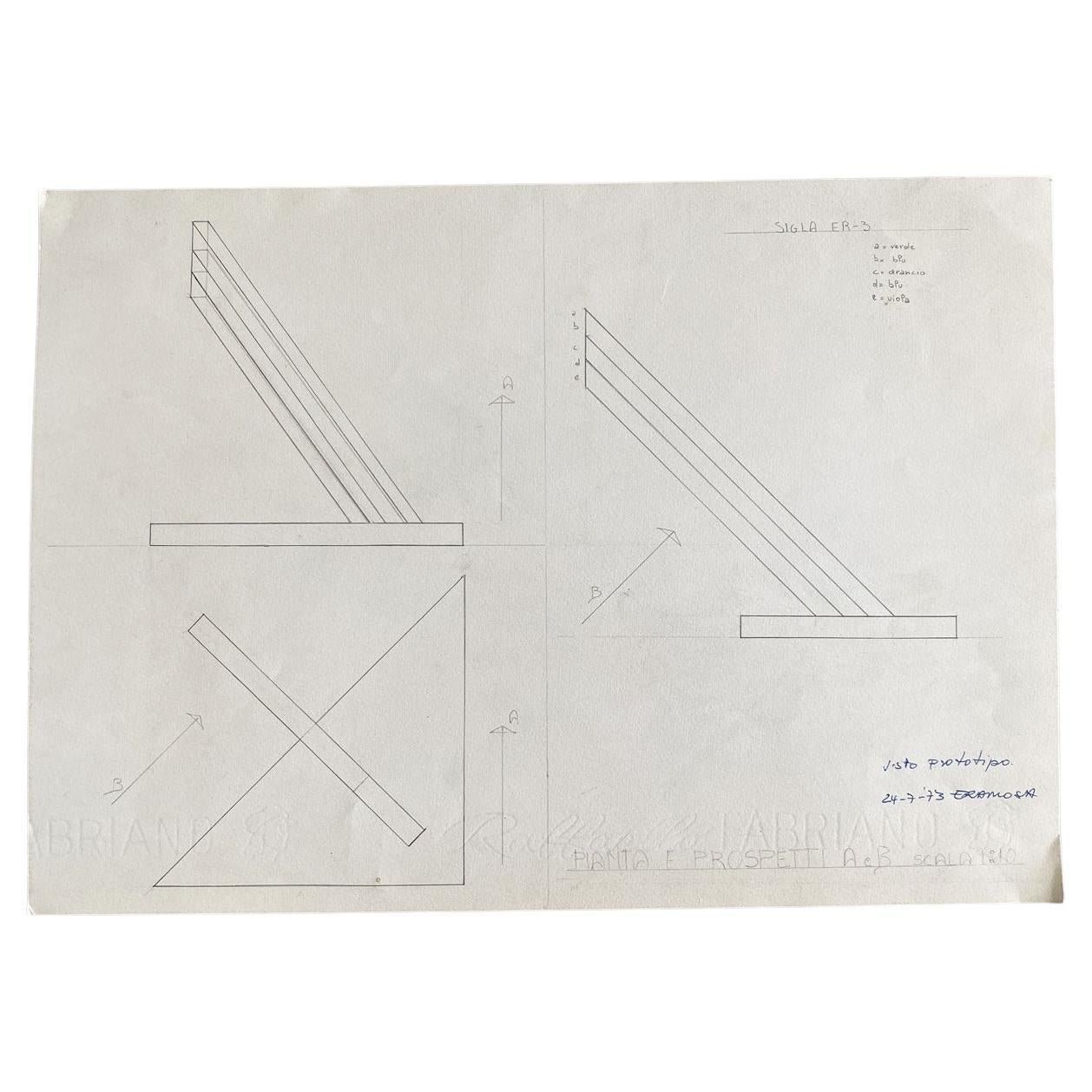 1973 Italy Edival Ramosa Pencil Drawing on Paper Multicolor Floor Lamp Project