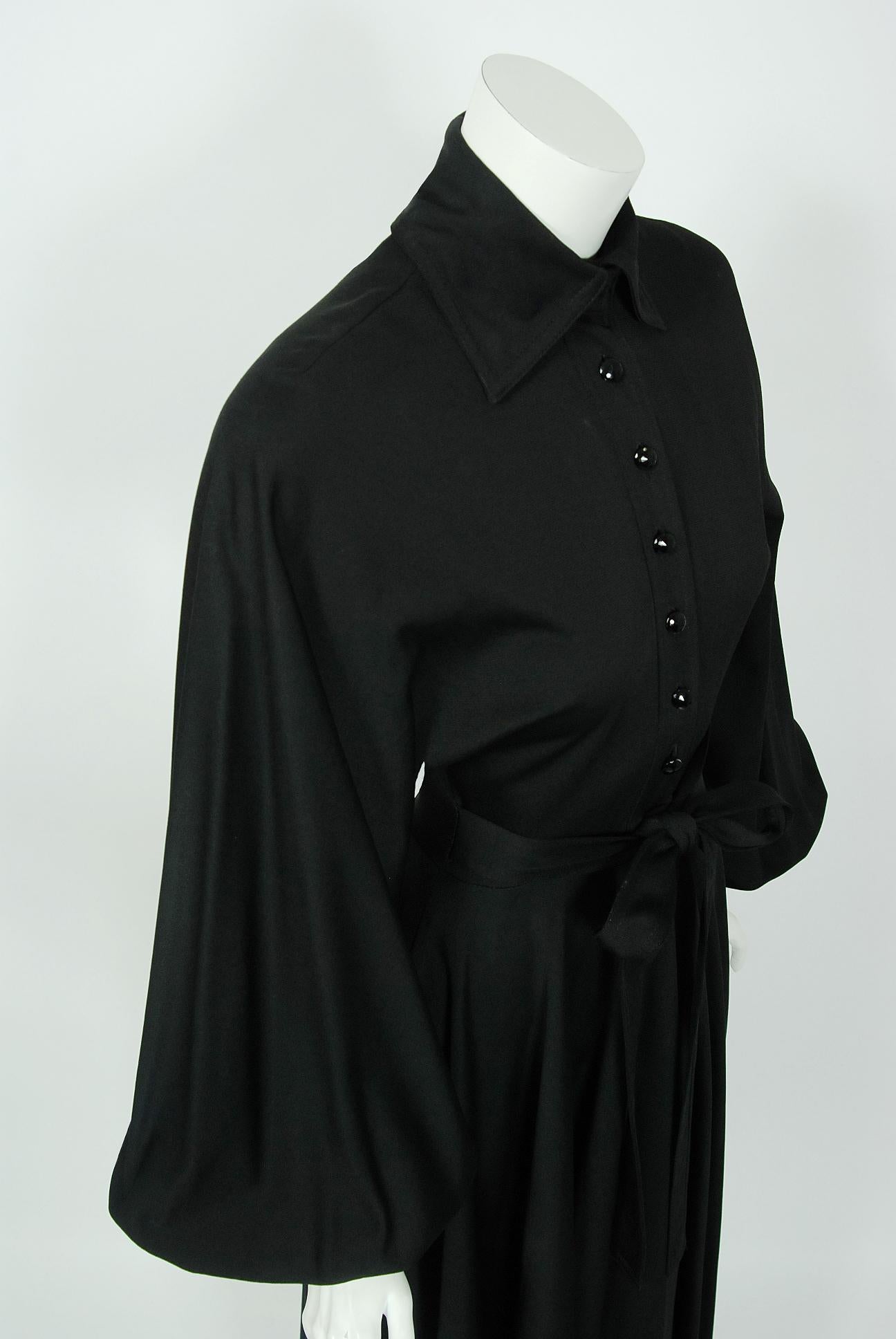 Black 1973 Jean Varon Documented 'Cobweb' Spider Novelty Jersey Billow-Sleeve Dress