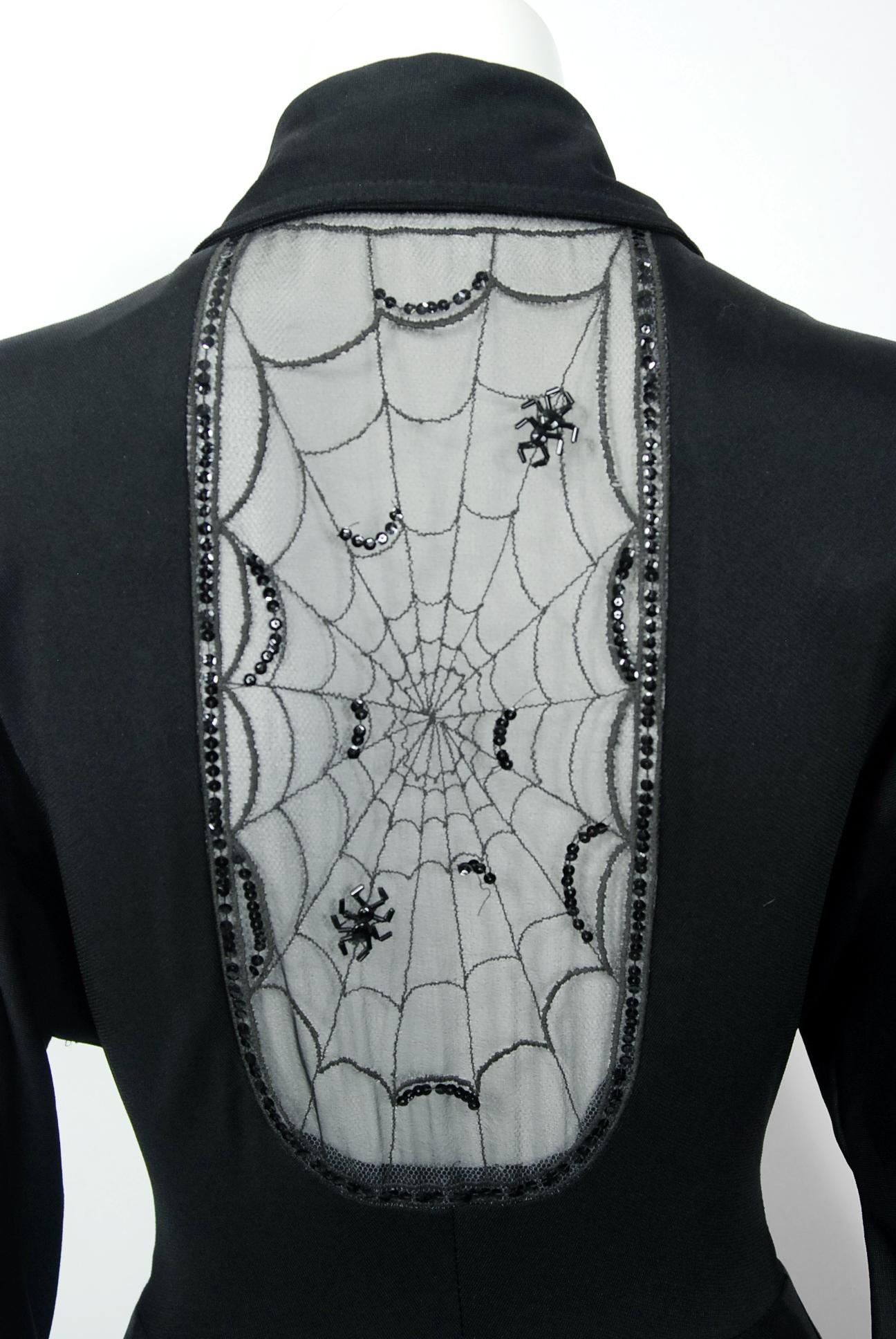 1973 Jean Varon Documented 'Cobweb' Spider Novelty Jersey Billow-Sleeve Dress  1