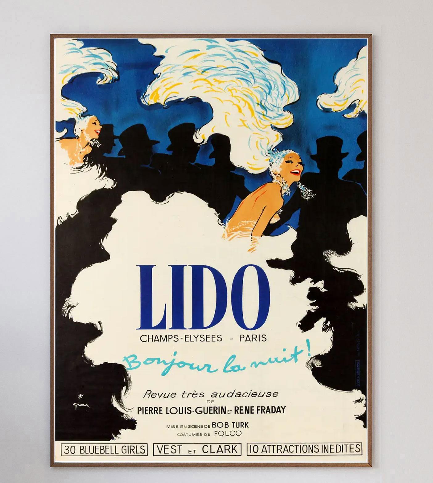 A beautifully illustrated poster for the Lido in Paris on the Champs Elysees, the artwork was created by iconic poster designer Rene Gruau. Gruau was well known for his collaborations with the Lido and the likes of Moulin Rouge and Christian Dior.