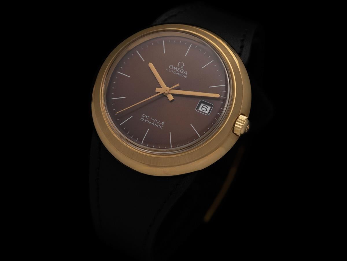 1973 Omega De Ville Dynamic Vintage große Herren 18K Gold plattiert & SS Uhr im Zustand „Hervorragend“ im Angebot in Suwanee, GA