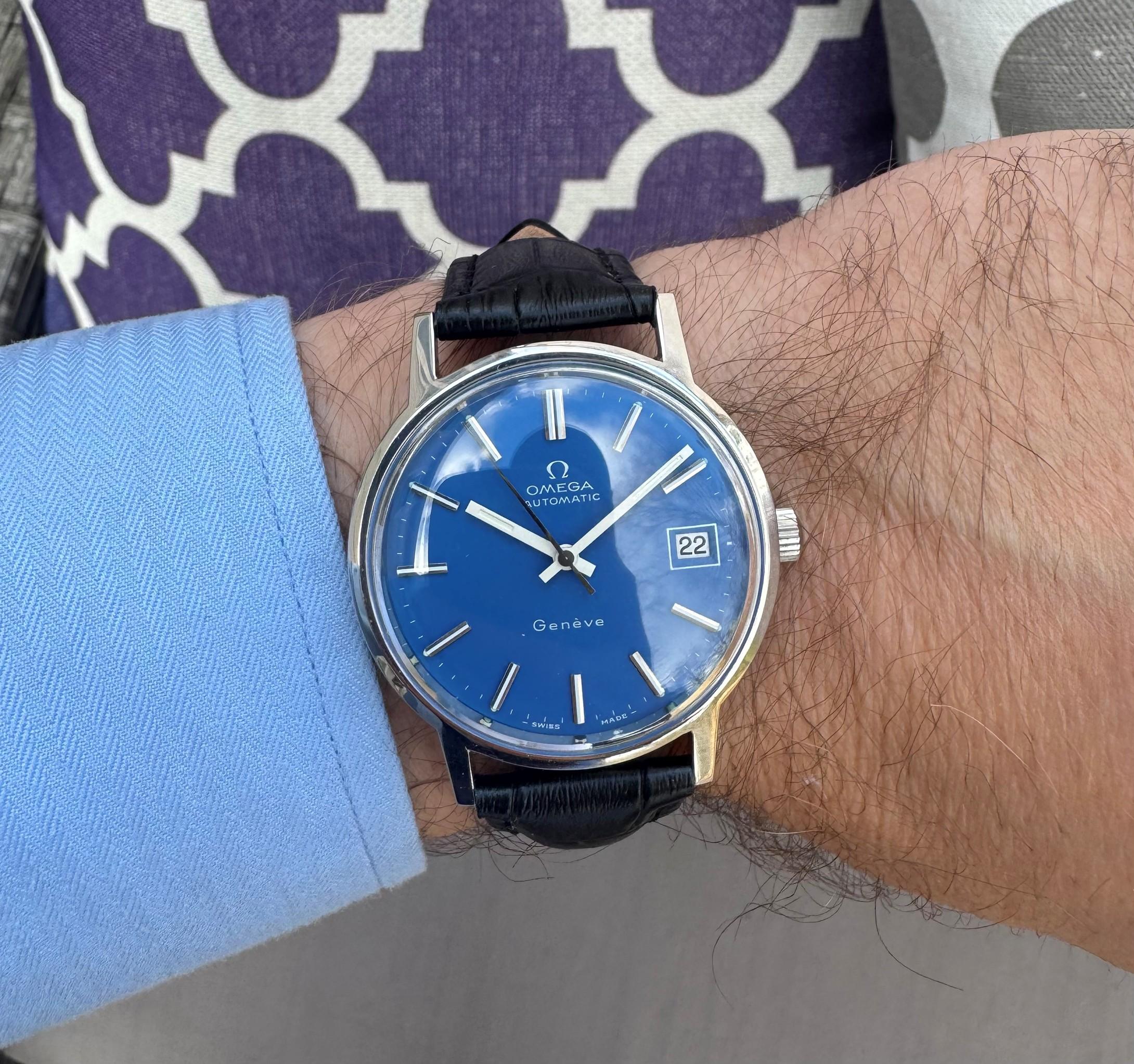 1973 Omega Geneve Vintage Herren Byzantine Blau Automatikuhr - Edelstahl im Angebot 7