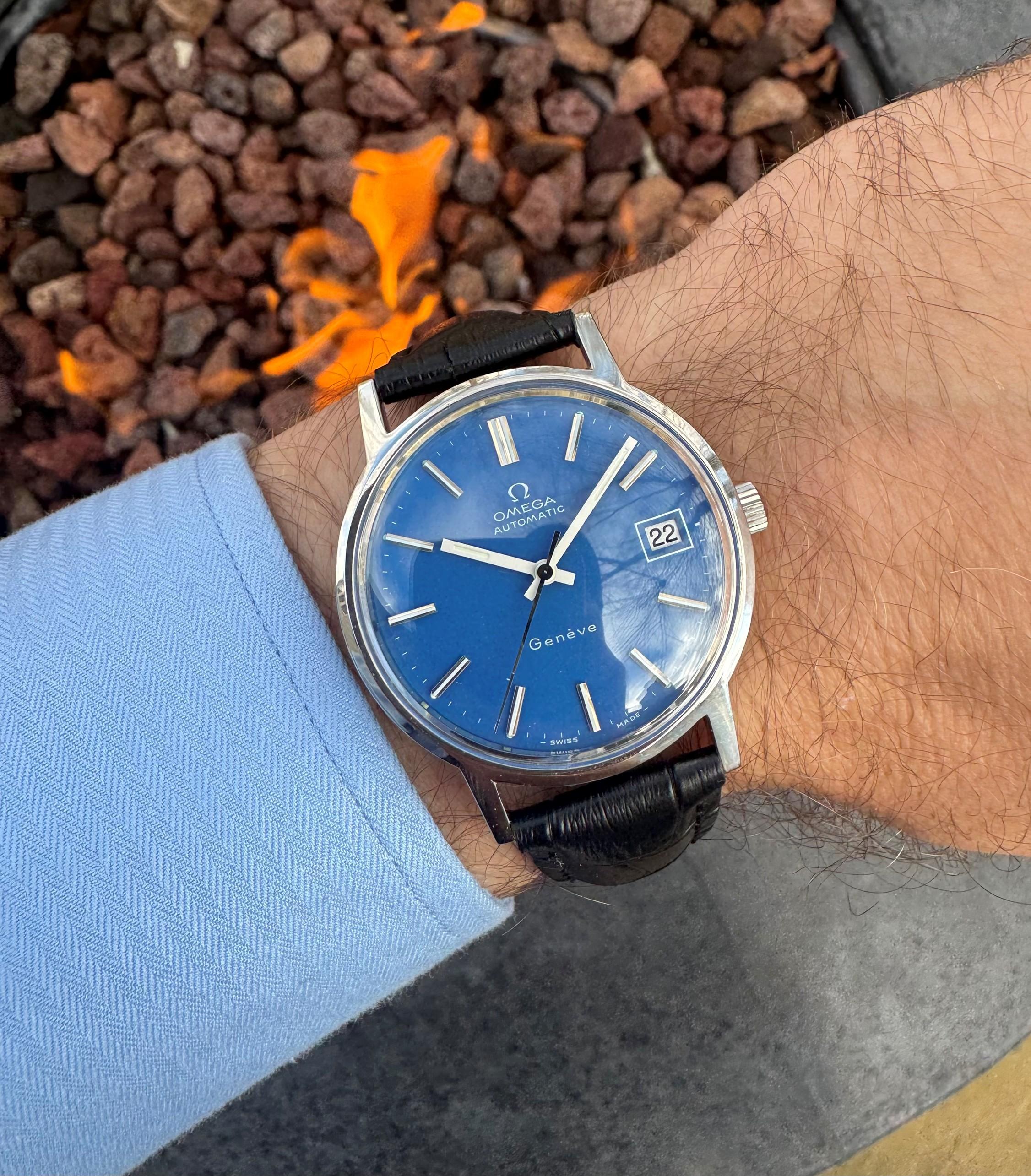 1973 Omega Geneve Vintage Herren Byzantine Blau Automatikuhr - Edelstahl im Angebot 8