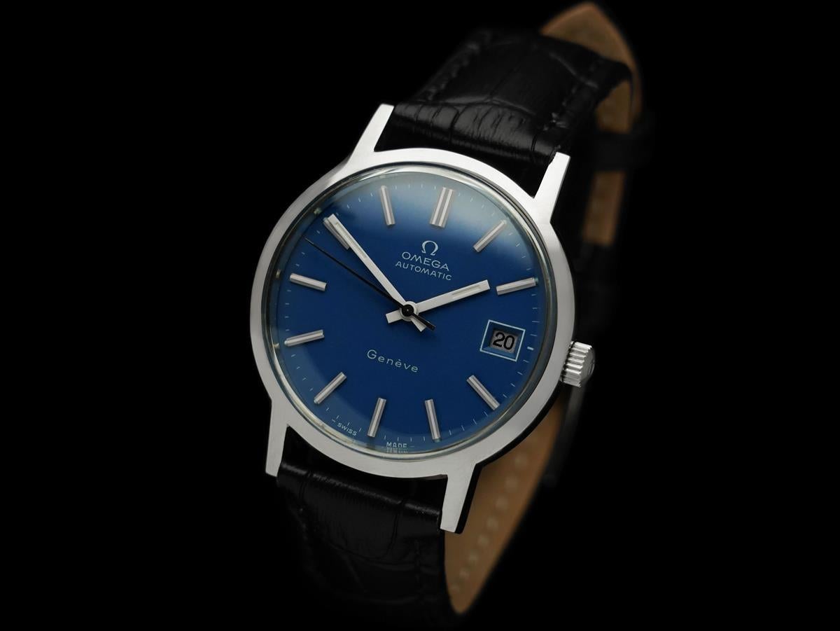1973 Omega Geneve Vintage Herren Byzantine Blau Automatikuhr - Edelstahl im Zustand „Hervorragend“ im Angebot in Suwanee, GA