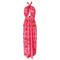 1973 Oscar de la Renta Brilliant Pink Backless Halter Dress w Front Keyhole