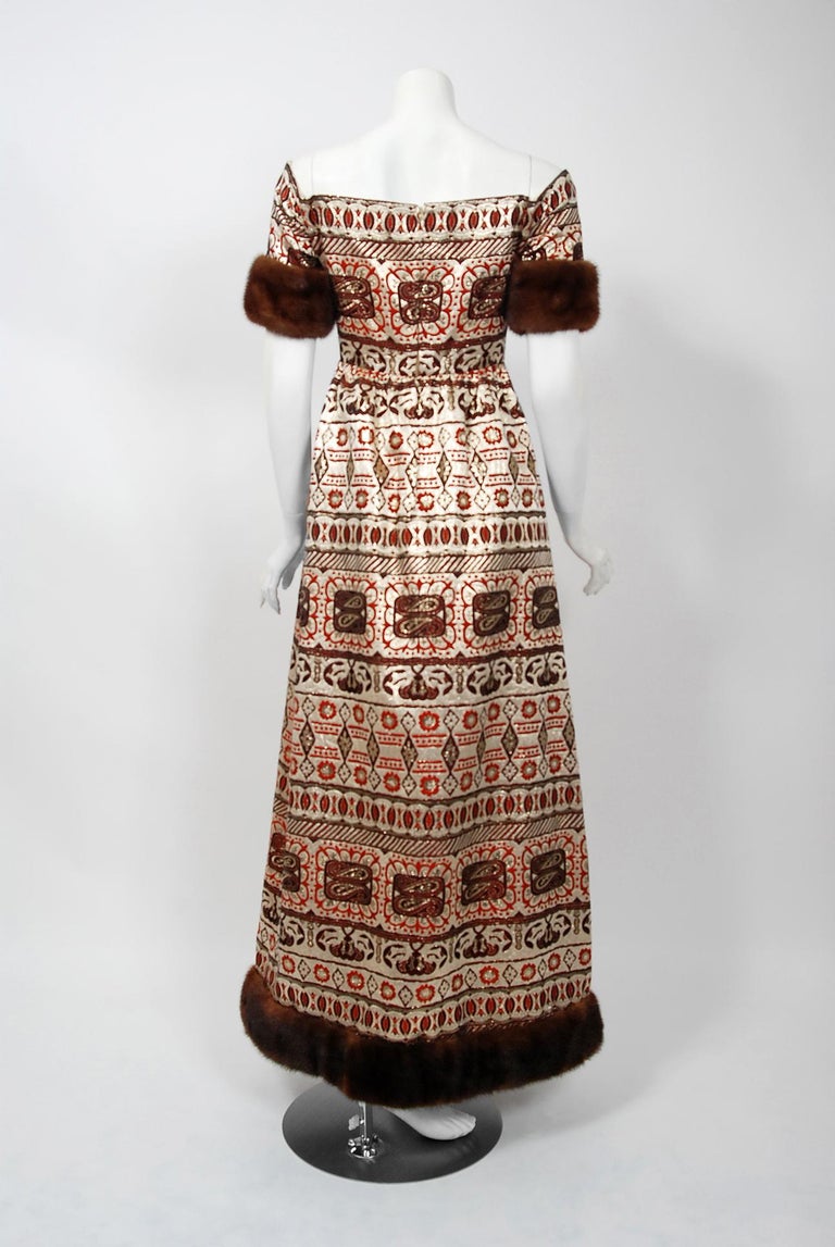 Iconic 1973 Oscar de la Renta Metallic Gold Silk Brocade Off Shoulder Dress W Fur Cuffs