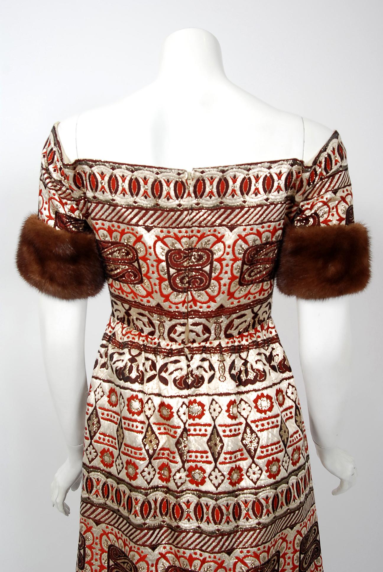 Beige 1973 Oscar de le Renta Metallic Silk Brocade Mink Fur Off-Shoulder Evening Gown