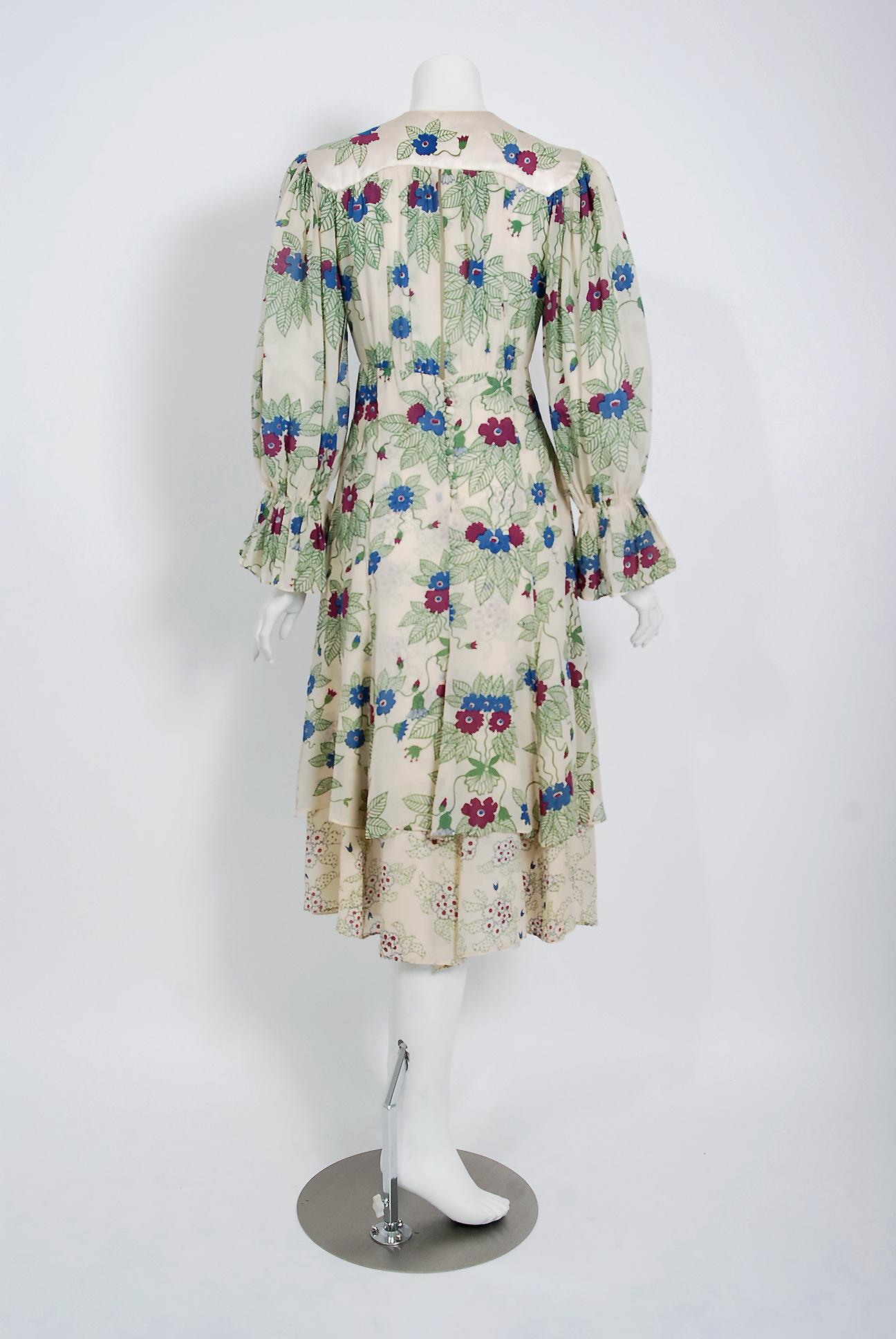 1973 Ossie Clark Couture Celia Birtwell Floral Print Tiered Silk Chiffon Dress 1