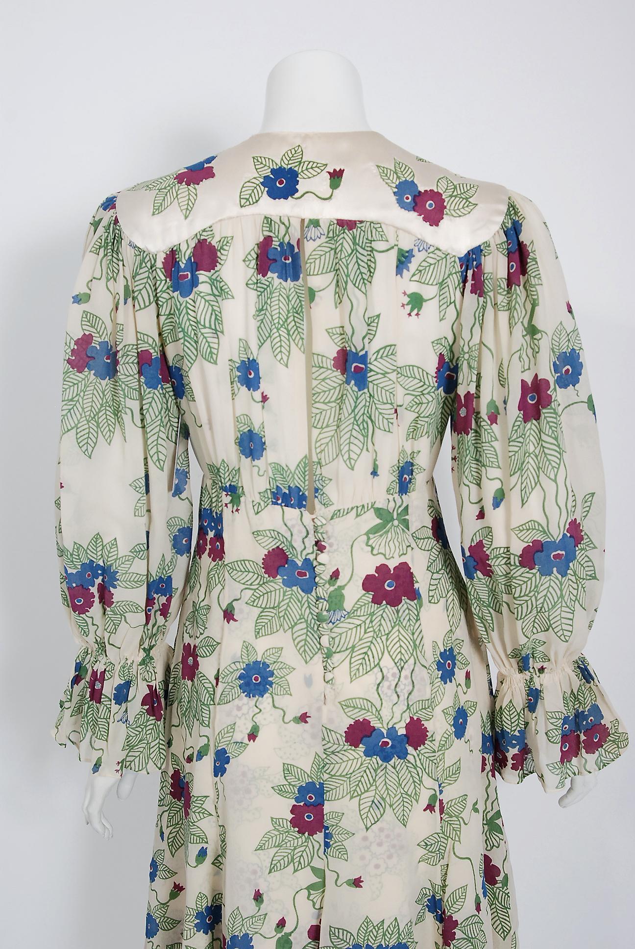 1973 Ossie Clark Couture Celia Birtwell Floral Print Tiered Silk Chiffon Dress 2