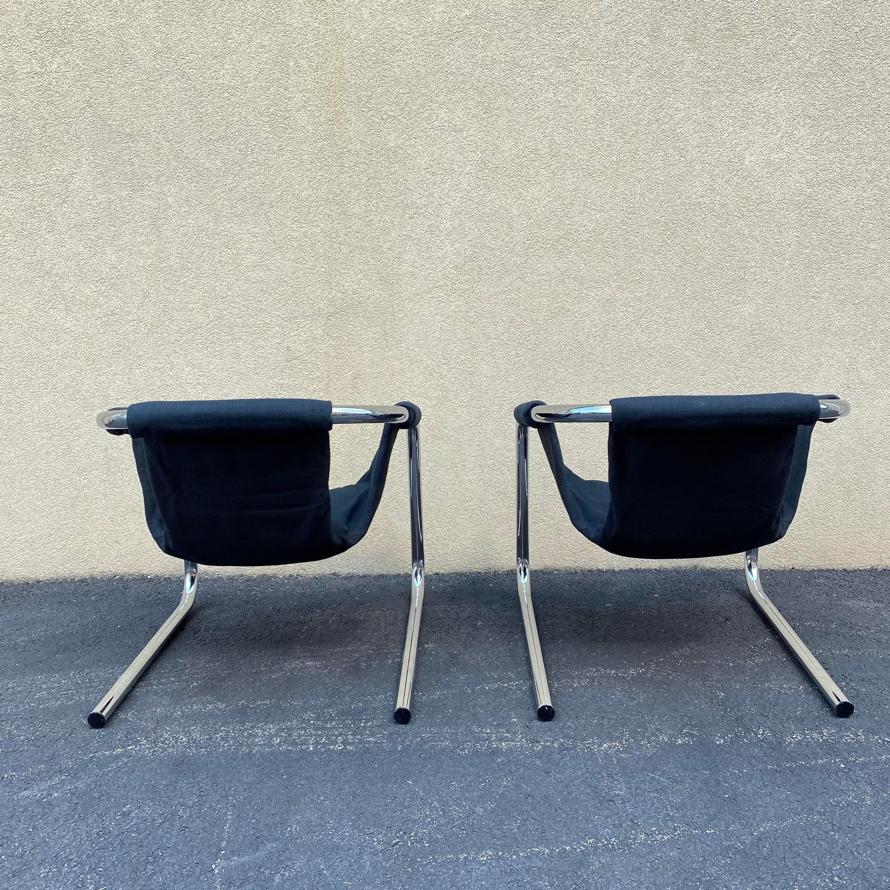 Post-Modern 1973 Pair of Black Tweed and Chrome Zermatt Sling Chairs by the Vecta Group For Sale