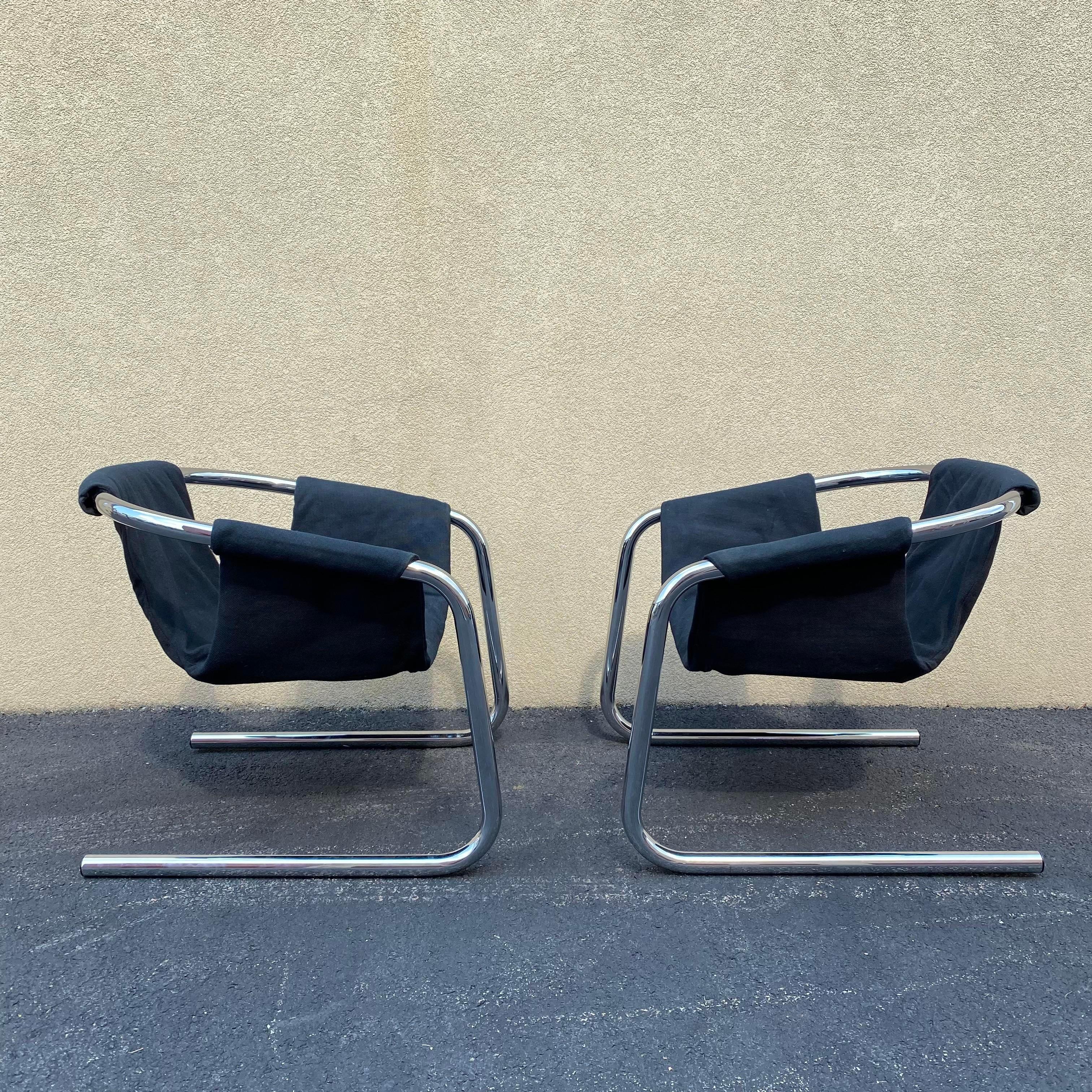 Italian 1973 Pair of Black Tweed and Chrome Zermatt Sling Chairs by the Vecta Group For Sale
