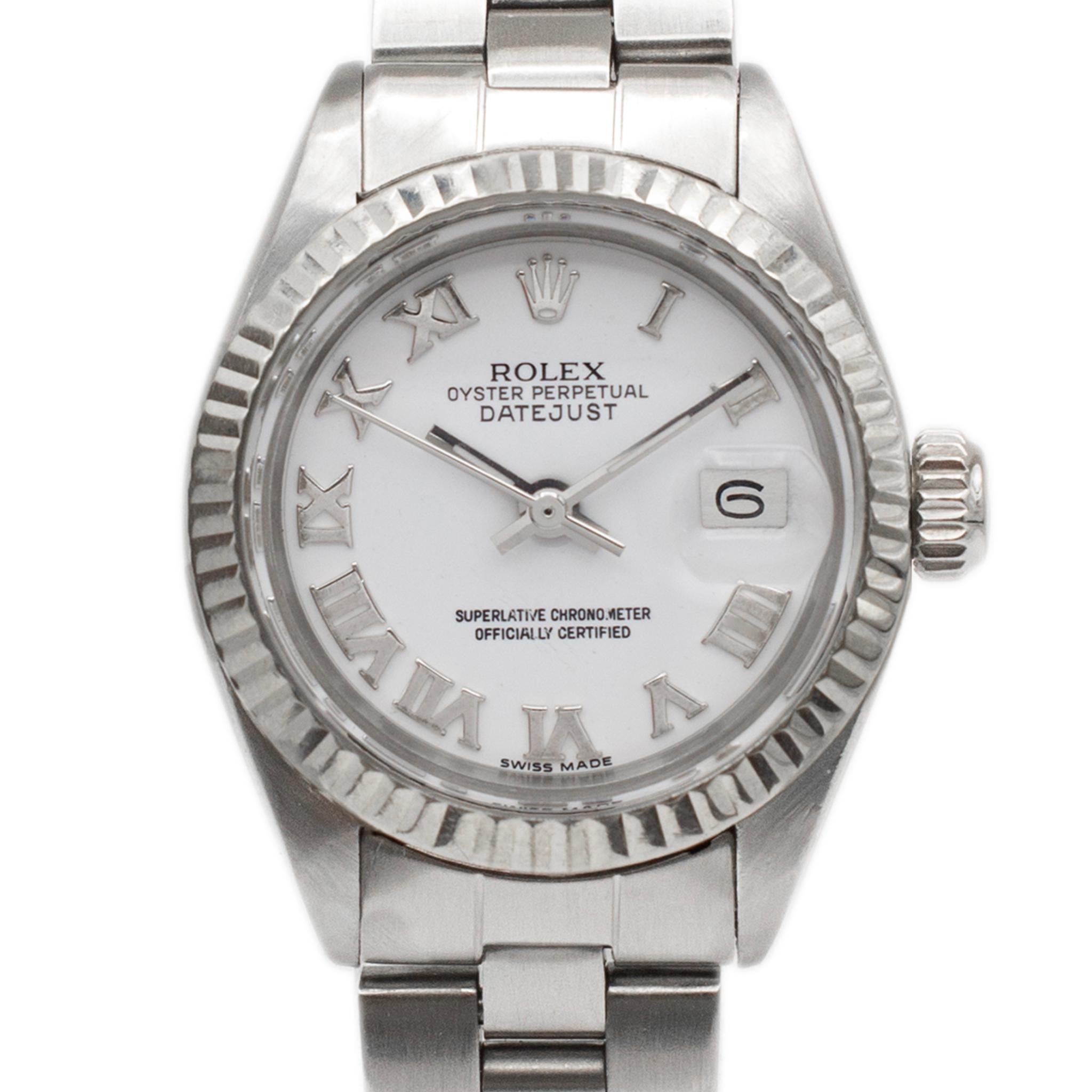 Brand: Rolex

Gender: Ladies

Metal Type: Stainless Steel

Diameter: 26.00 mm

Weight: 47.62 Grams

Ladies stainless steel ROLEX Swiss made watch. The 