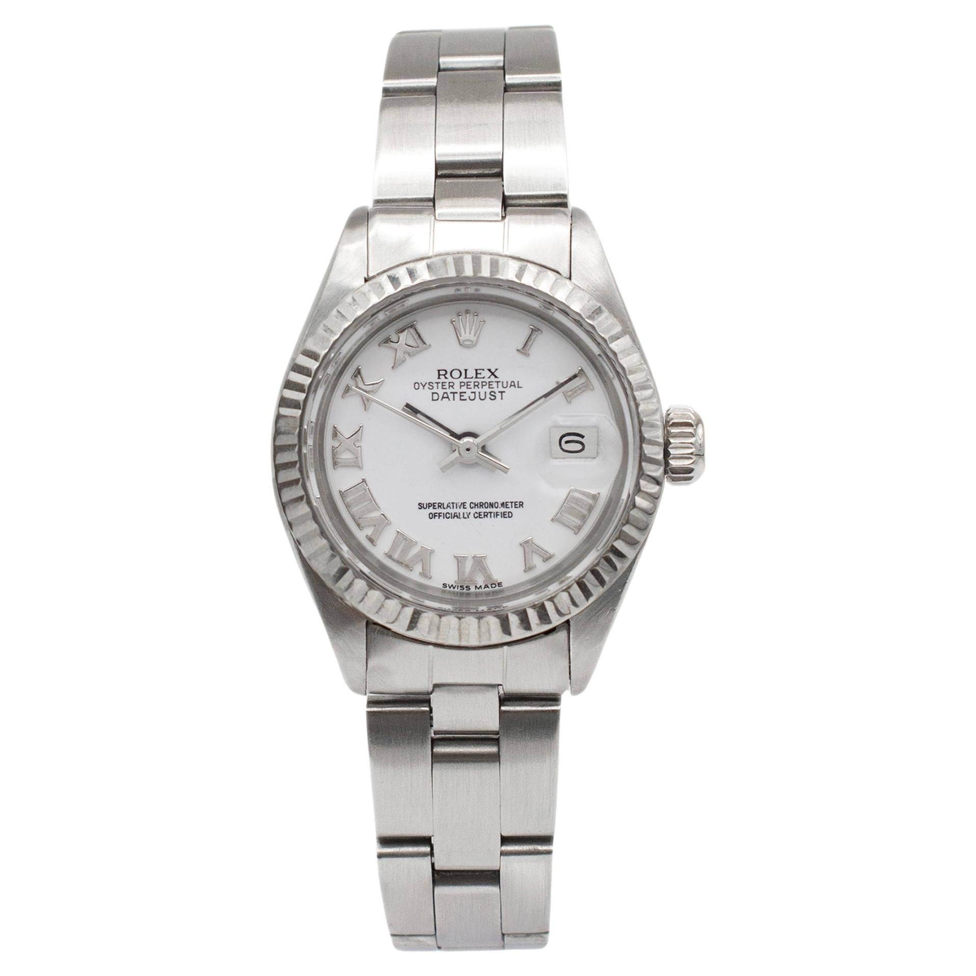 1973 Rolex Ladies Datejust 26MM 6917 White Roman Dial Stainless Steel Watch For Sale