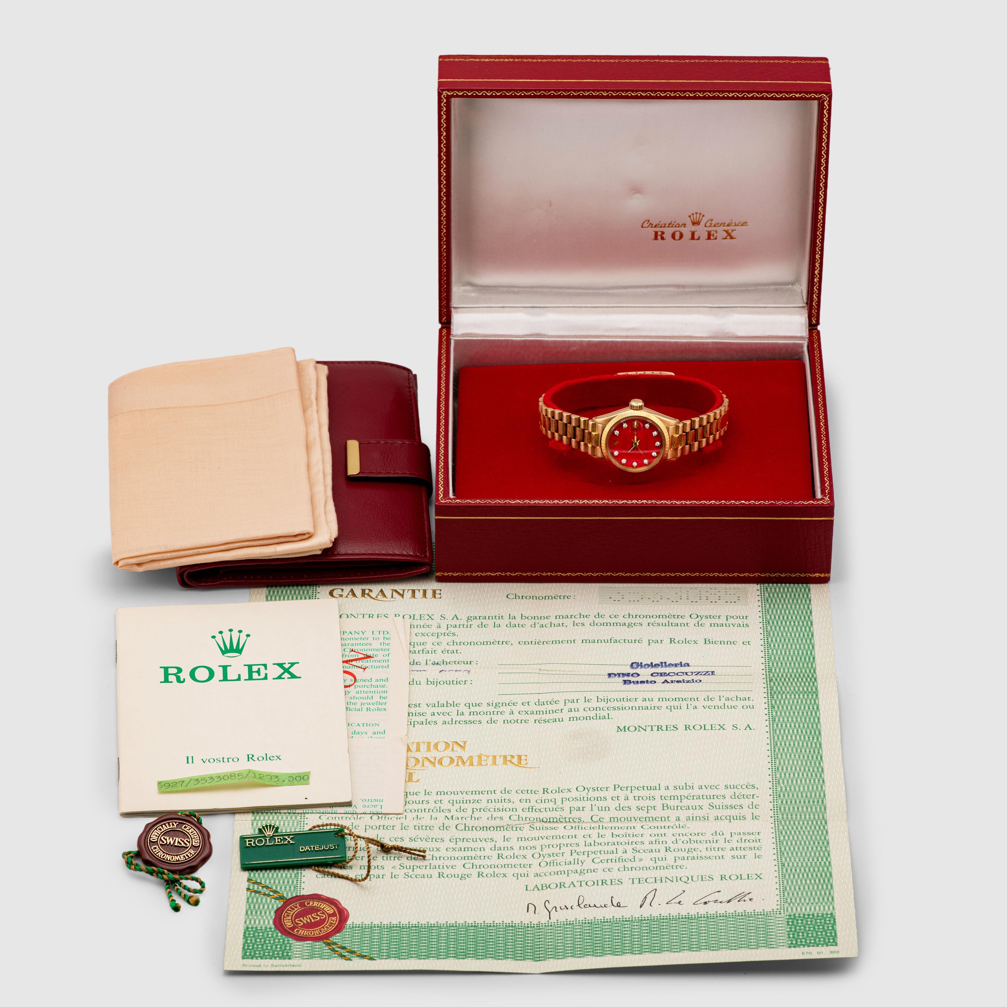 1973 Rolex Lady Datejust Bark Red Stella Diamond Dial Ref. 6927 (Vollständiger Satz) im Zustand „Gut“ im Angebot in Dubai, AE