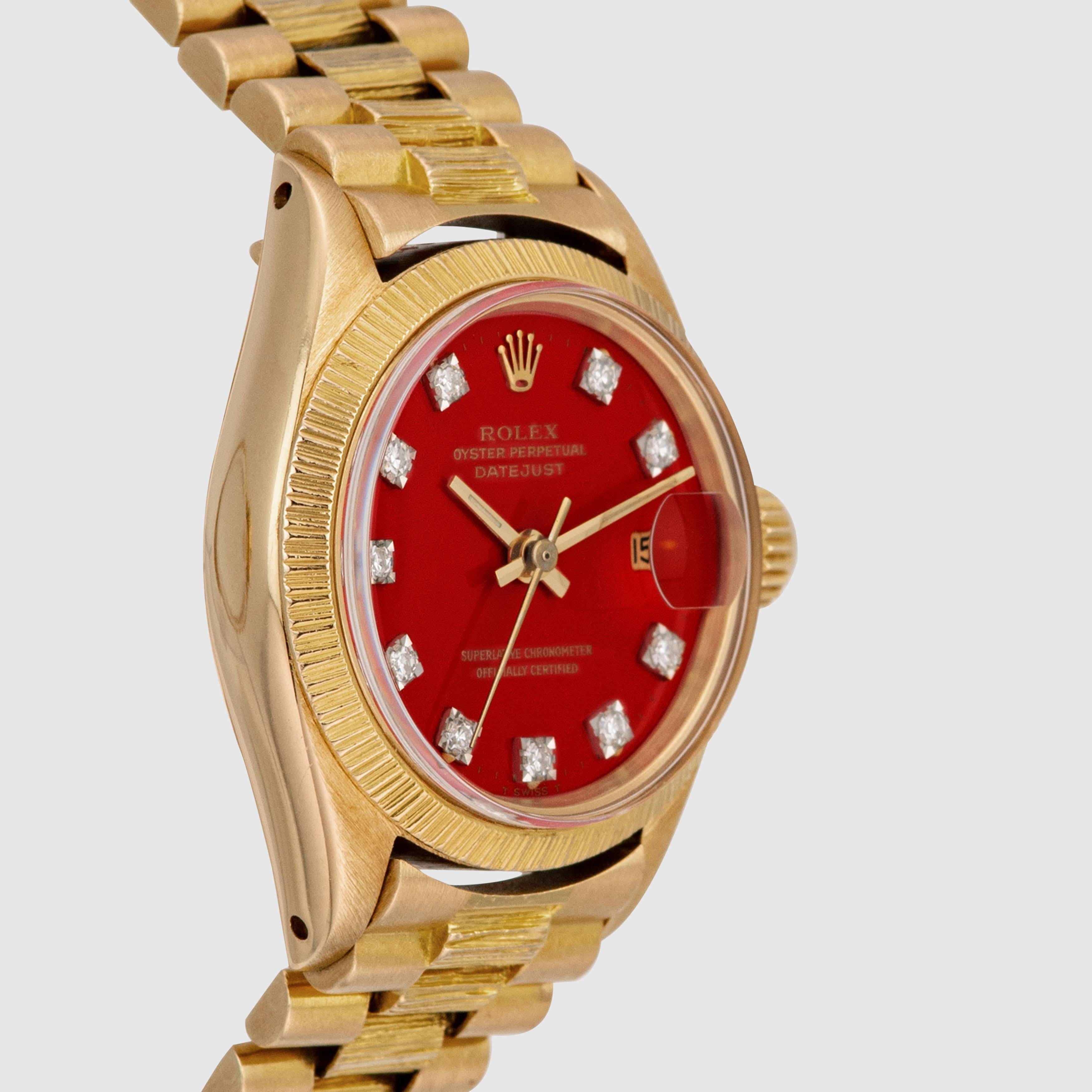 1973 Rolex Lady Datejust Bark Red Stella Diamond Dial Ref. 6927 (Vollständiger Satz) im Angebot 1