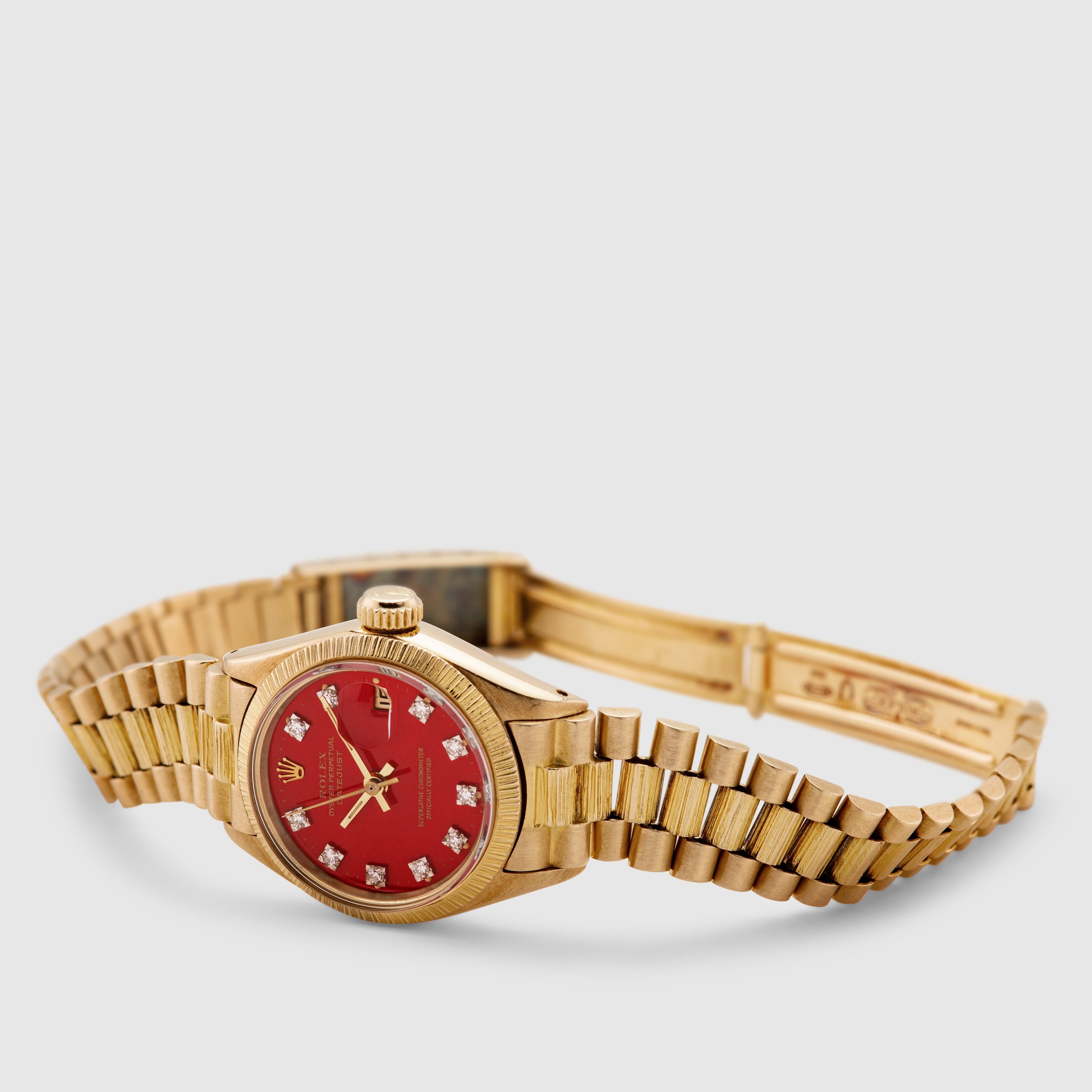 1973 Rolex Lady Datejust Bark Red Stella Diamond Dial Ref. 6927 (Vollständiger Satz) im Angebot 4