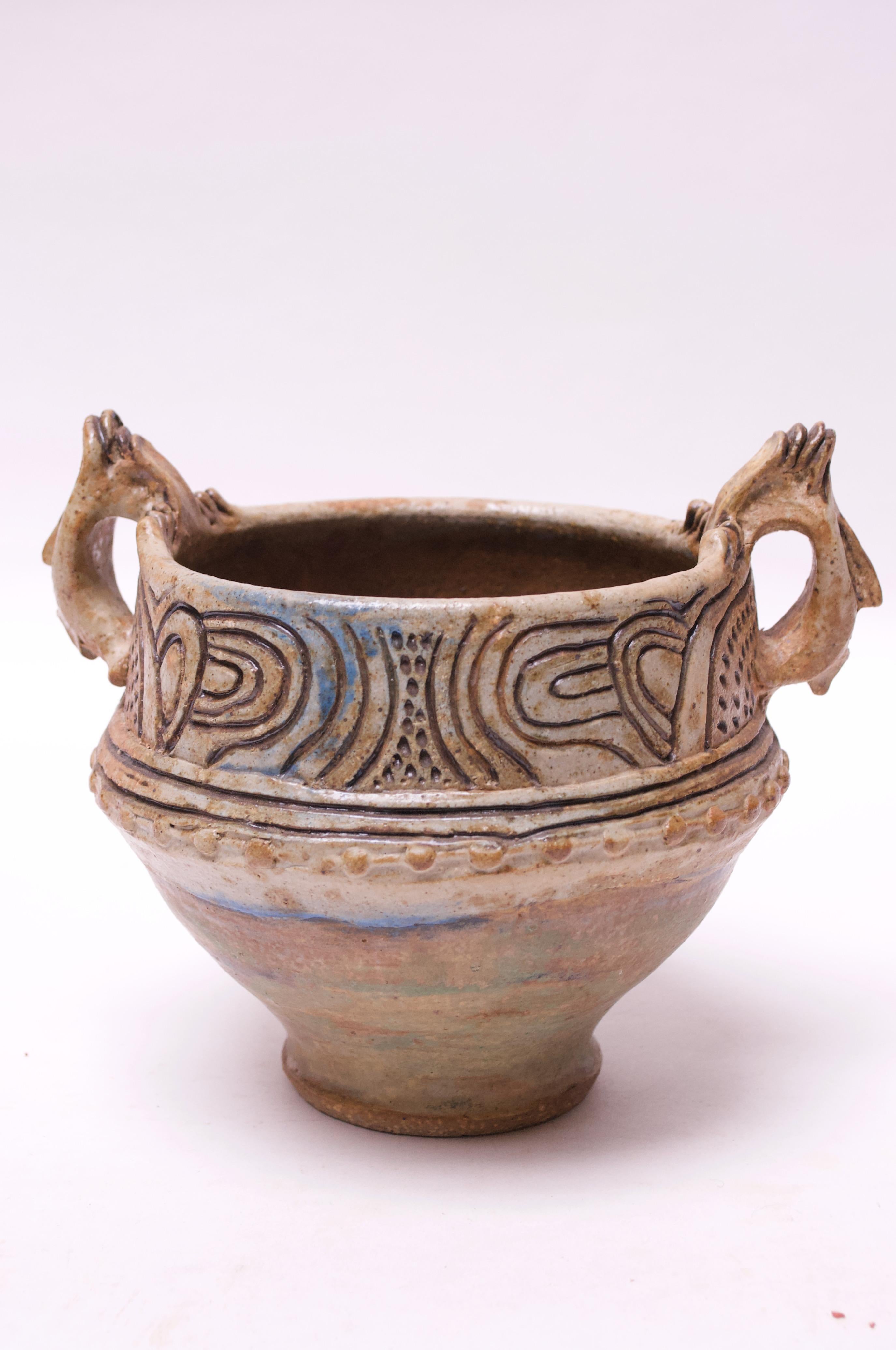 American 1973 Studio Stoneware Sgraffito Amphora Signed Pollack