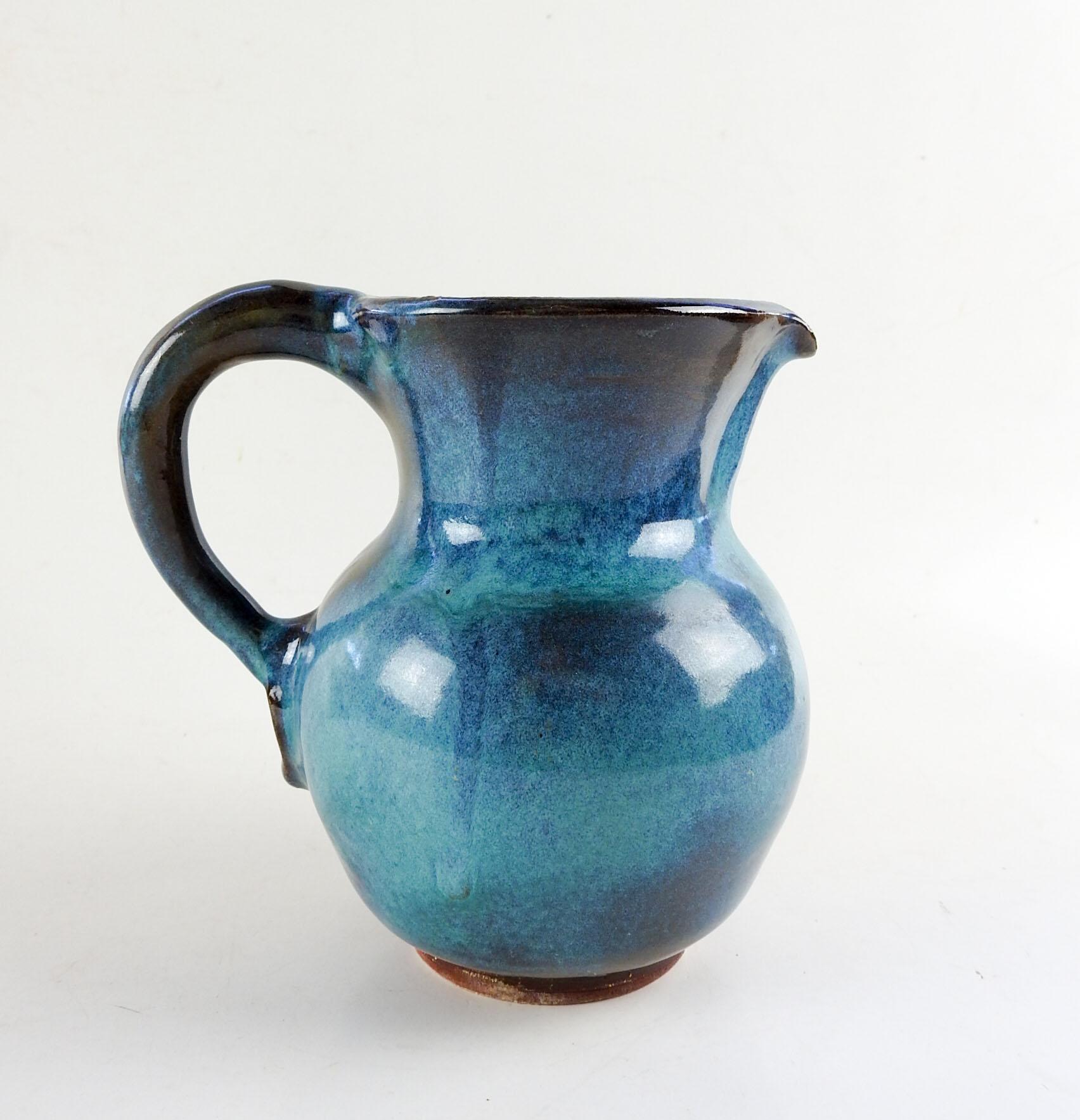 Mid-Century Modern 1973 Turquoise Blue Harding Black Pottery Pitcher