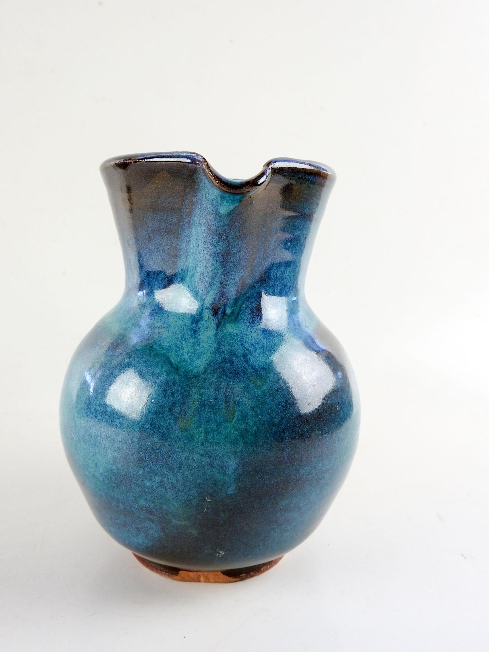 Hand-Crafted 1973 Turquoise Blue Harding Black Pottery Pitcher