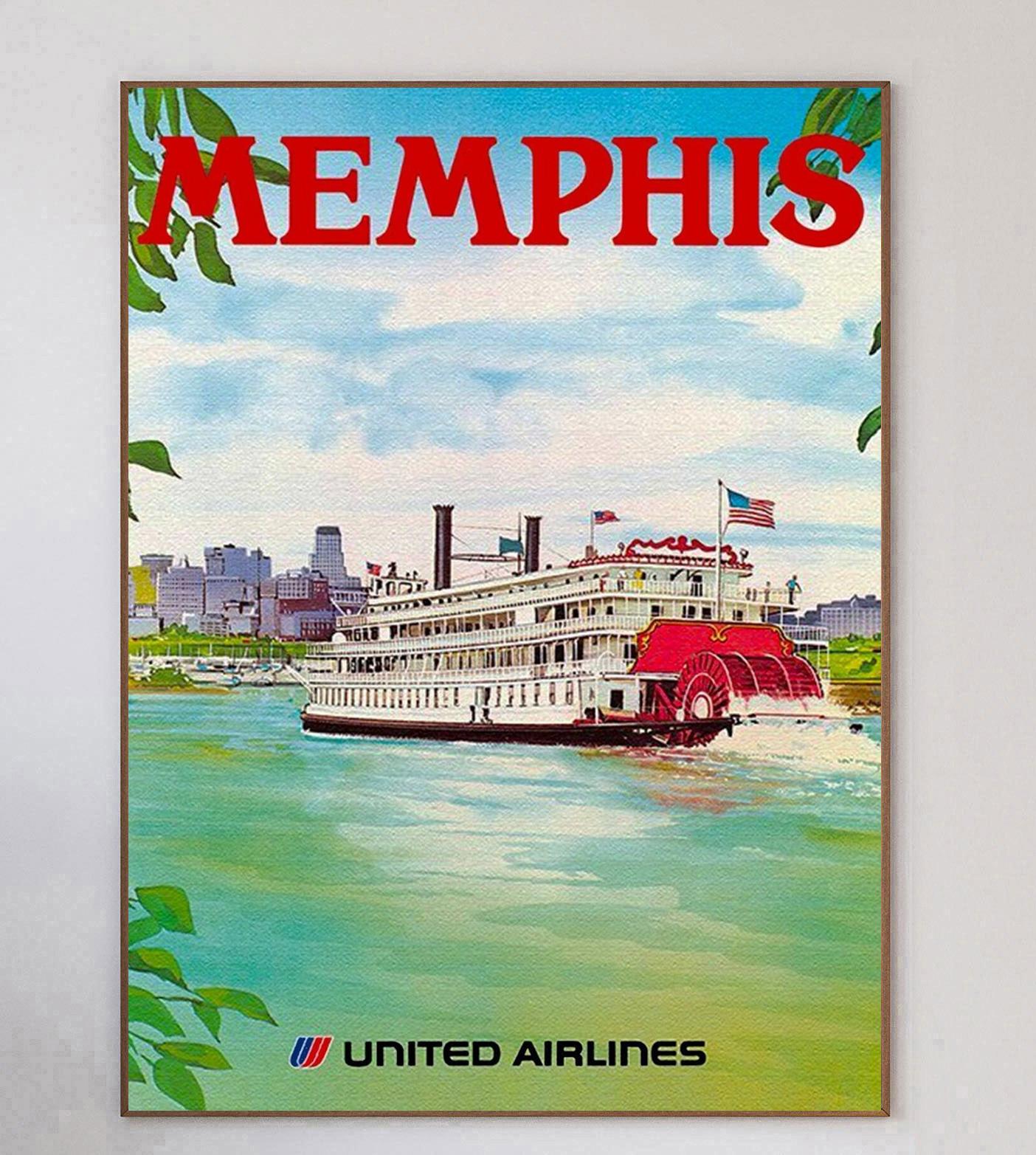Mit Kunstwerken der Künstler †R. Meyer und Hagel wirbt dieses schöne und seltene Plakat für die Routen der United Airlines nach Memphis. Dieses großartige Design, das ein Paddelboot darstellt, das an einem sonnigen Tag den mächtigen Mississippi