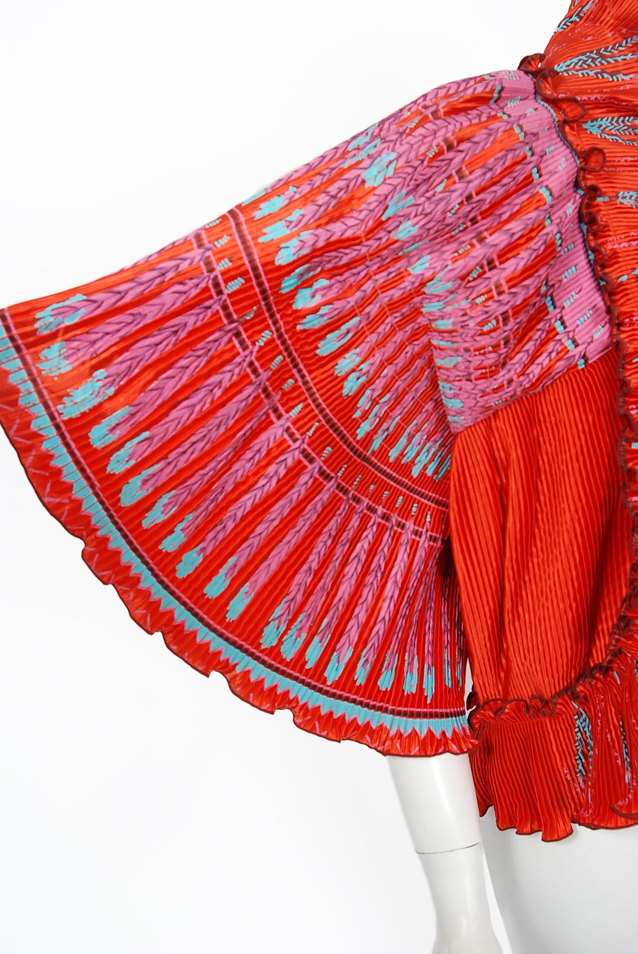 1973 Zandra Rhodes Couture Hand Painted Feather Print Red Pleated Jacket  1