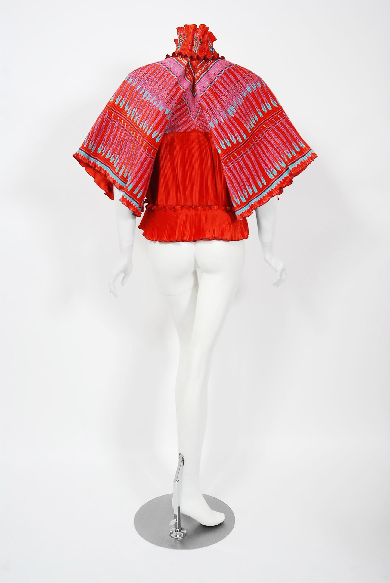 1973 Zandra Rhodes Couture Hand Painted Feather Print Red Pleated Jacket  3
