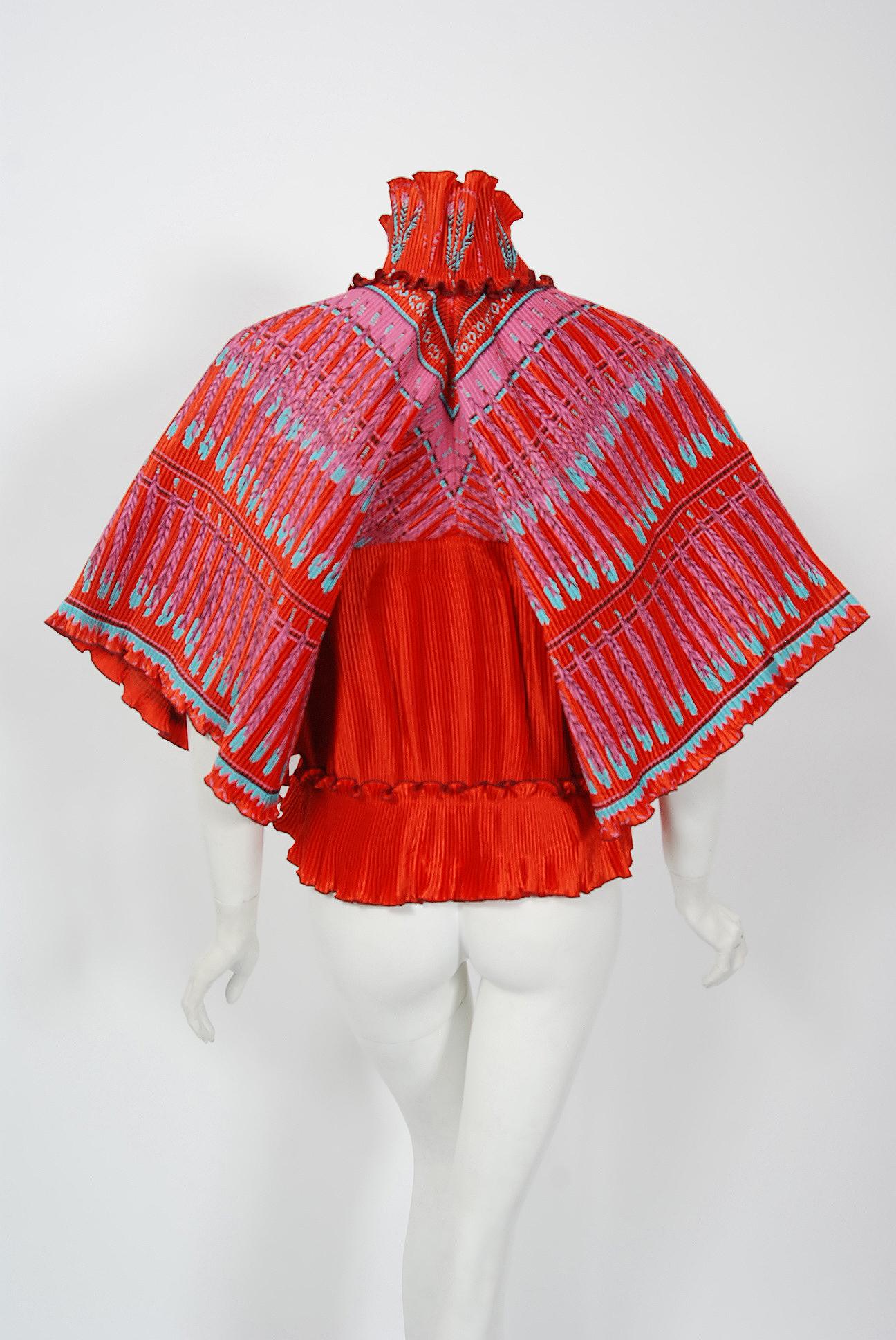 1973 Zandra Rhodes Couture Hand Painted Feather Print Red Pleated Jacket  4