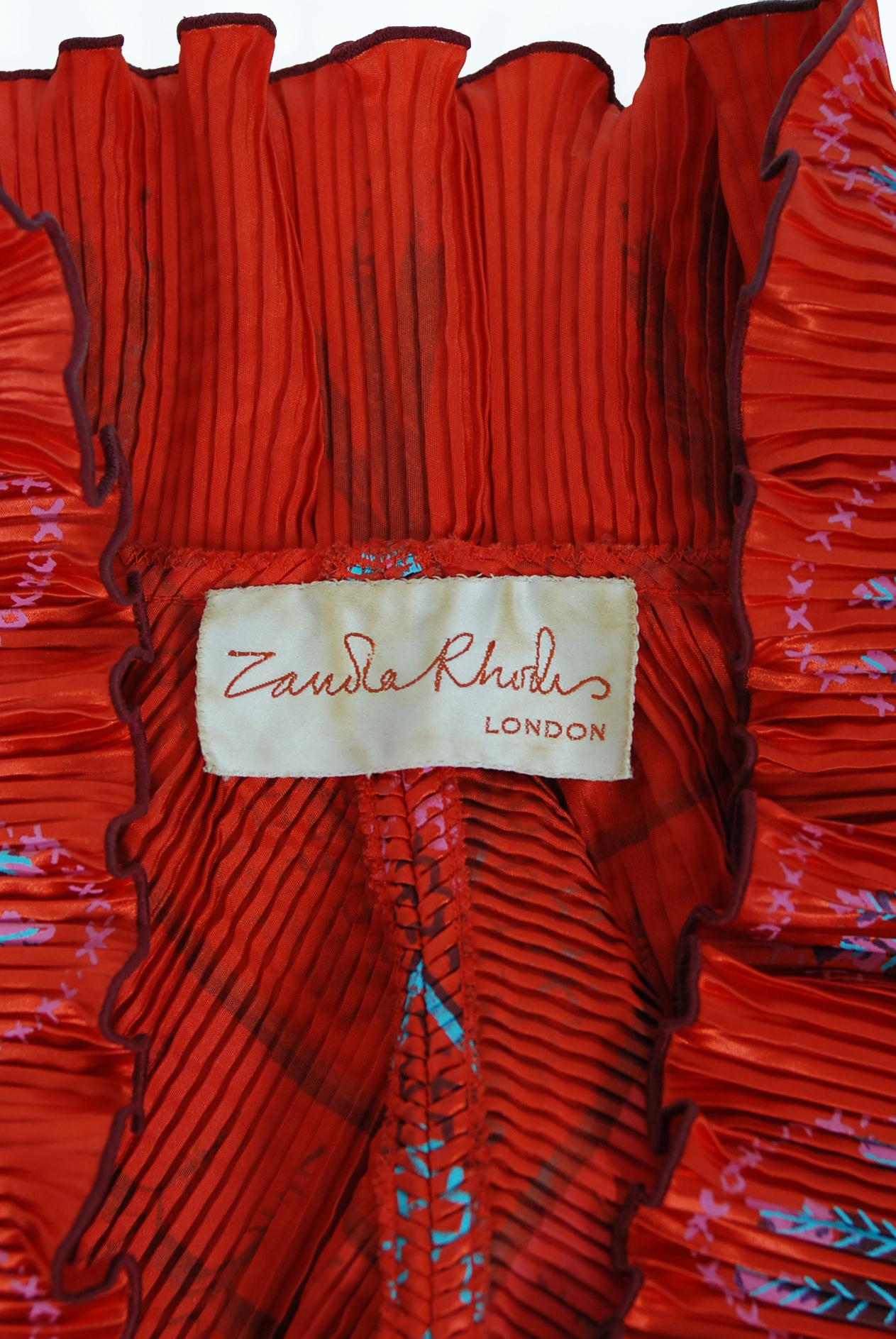 1973 Zandra Rhodes Couture Hand Painted Feather Print Red Pleated Jacket  5